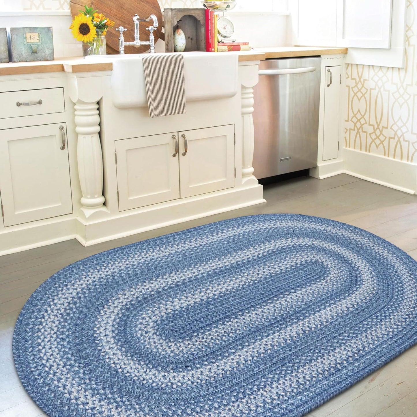 Denim Blue Jute Braided Oval Rug for Cozy Kitchen Decor 20x30