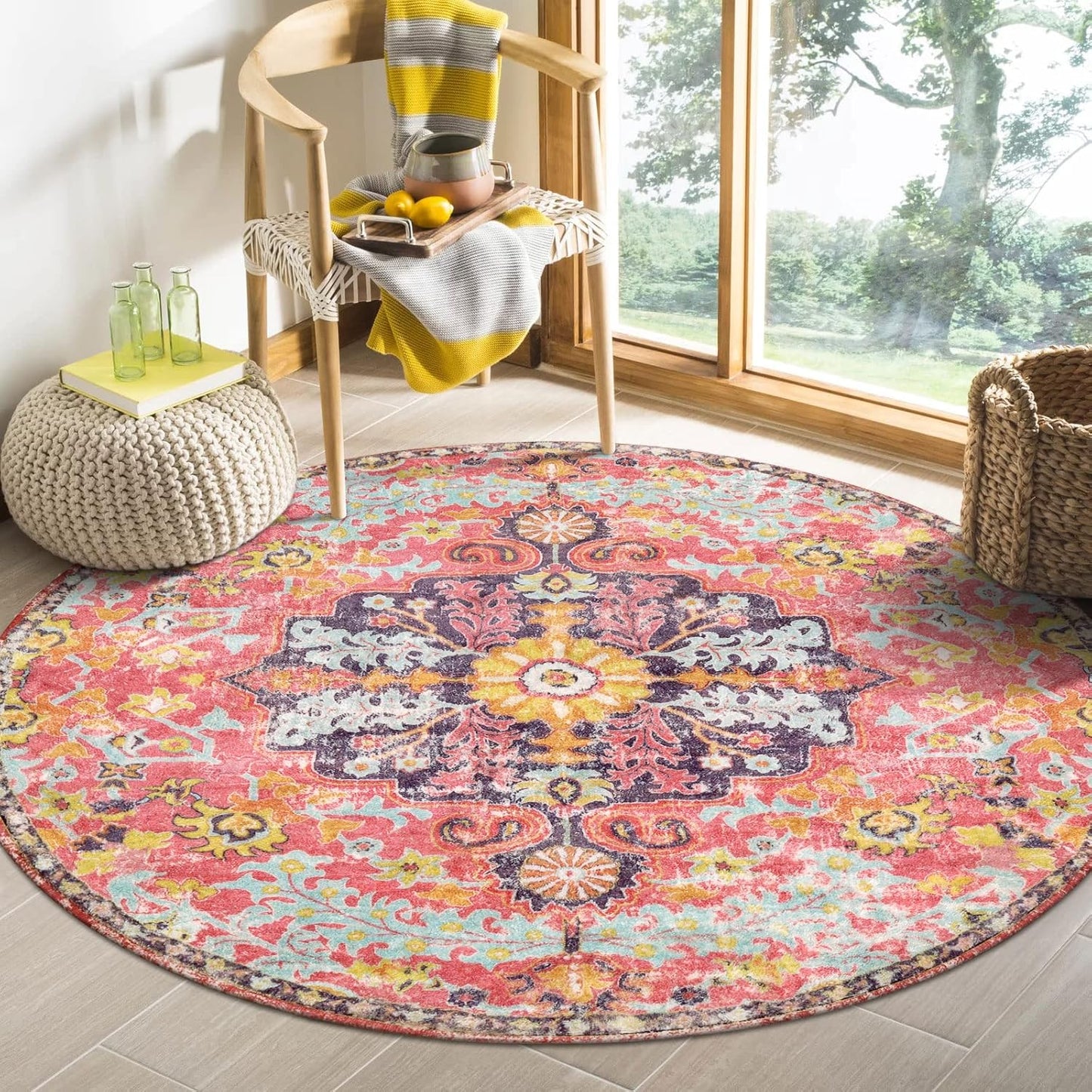 Lahome Bohemian Floral Medallion Round Rug - Soft 4Ft Accent