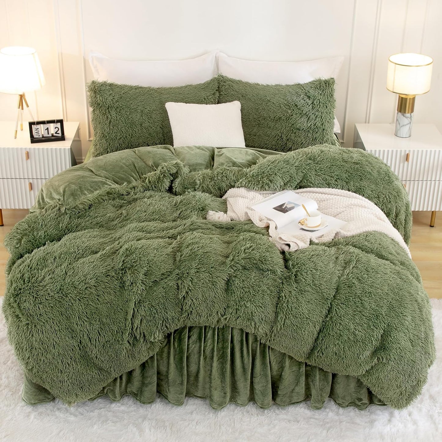 Andency Faux Fur Sage Green Comforter Set for Cozy Bedrooms