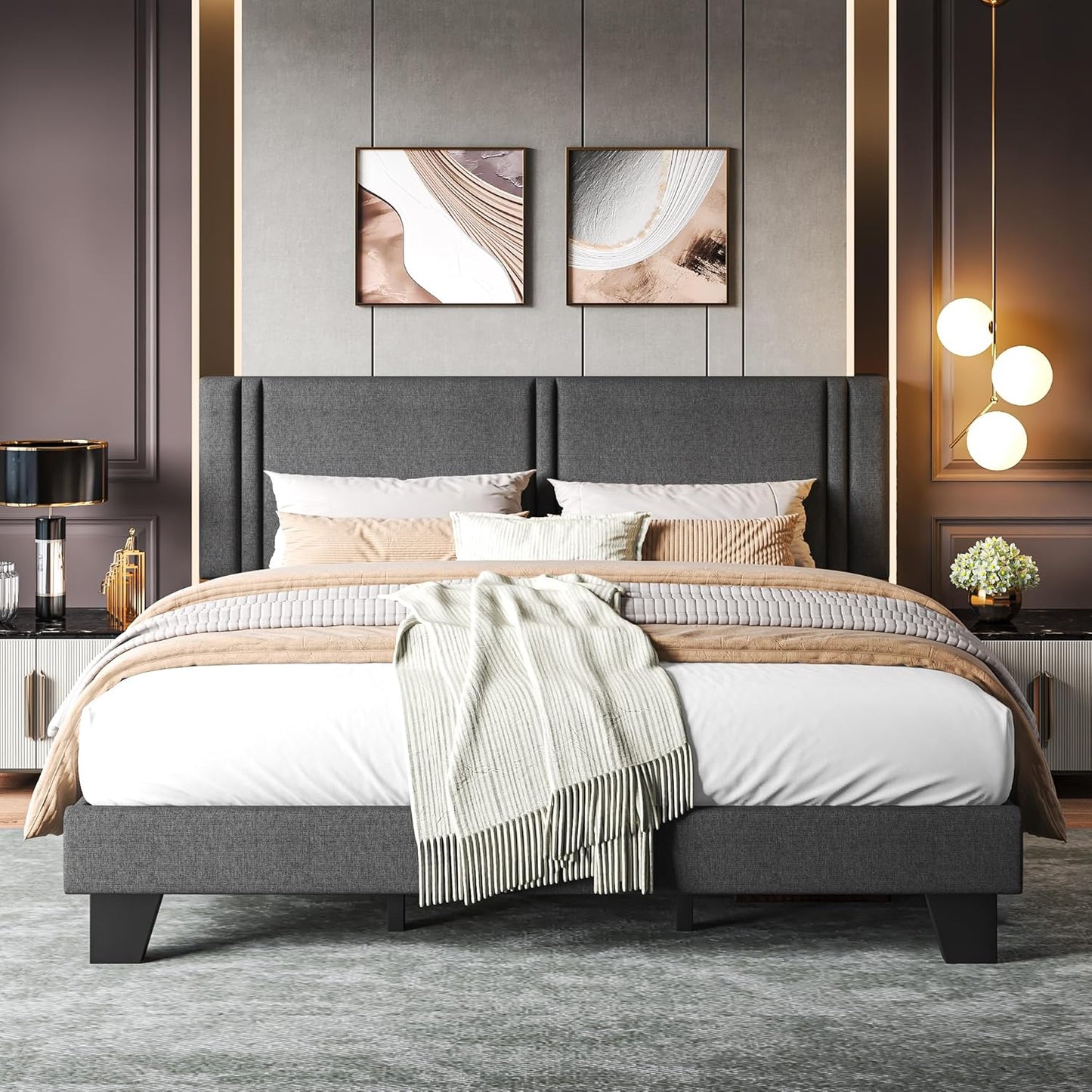 Upholstered King Size Bed Frame with Linen Fabric Headboard