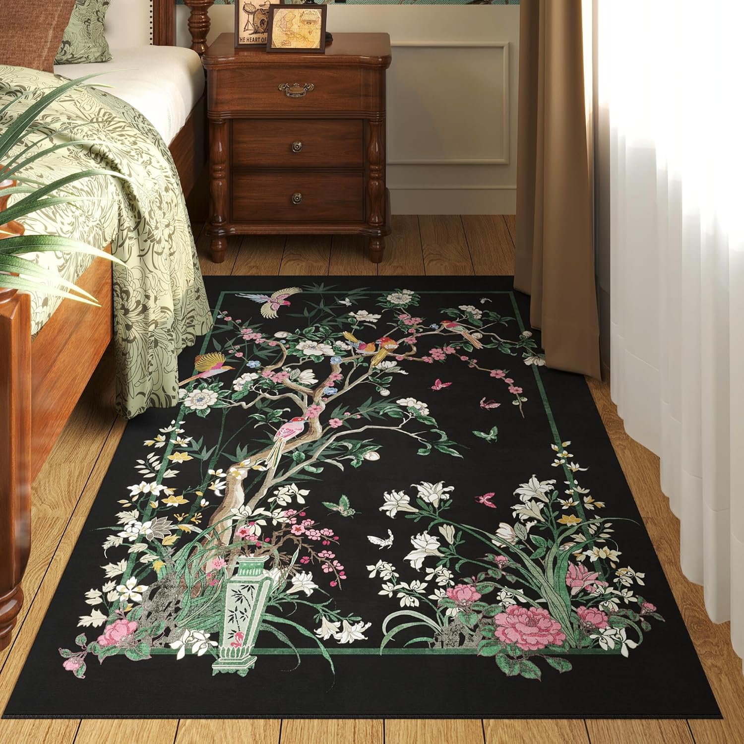 3x5 Washable Rug Chinoiserie-Style Floral Vintage Area Rug