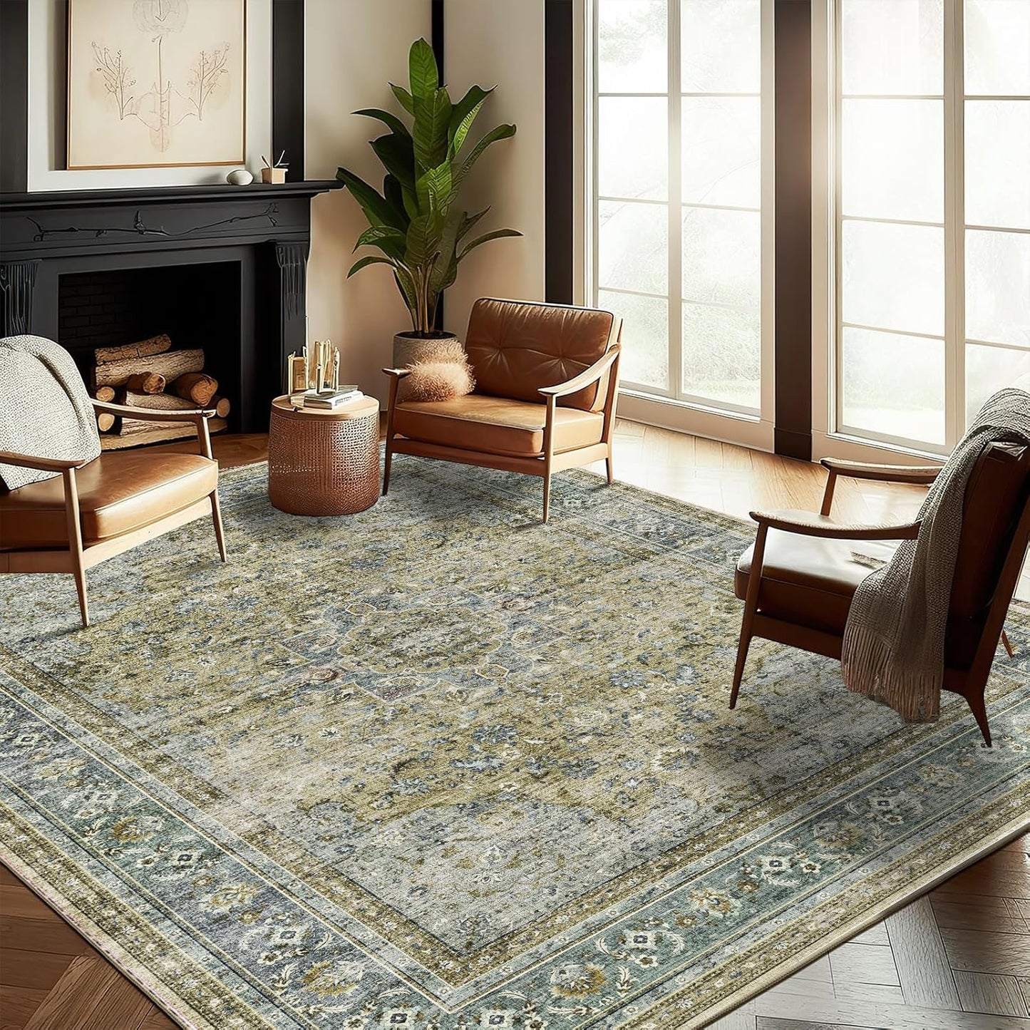 Washable Area Rug 9ftx12ft Boho Design for High Traffic Areas