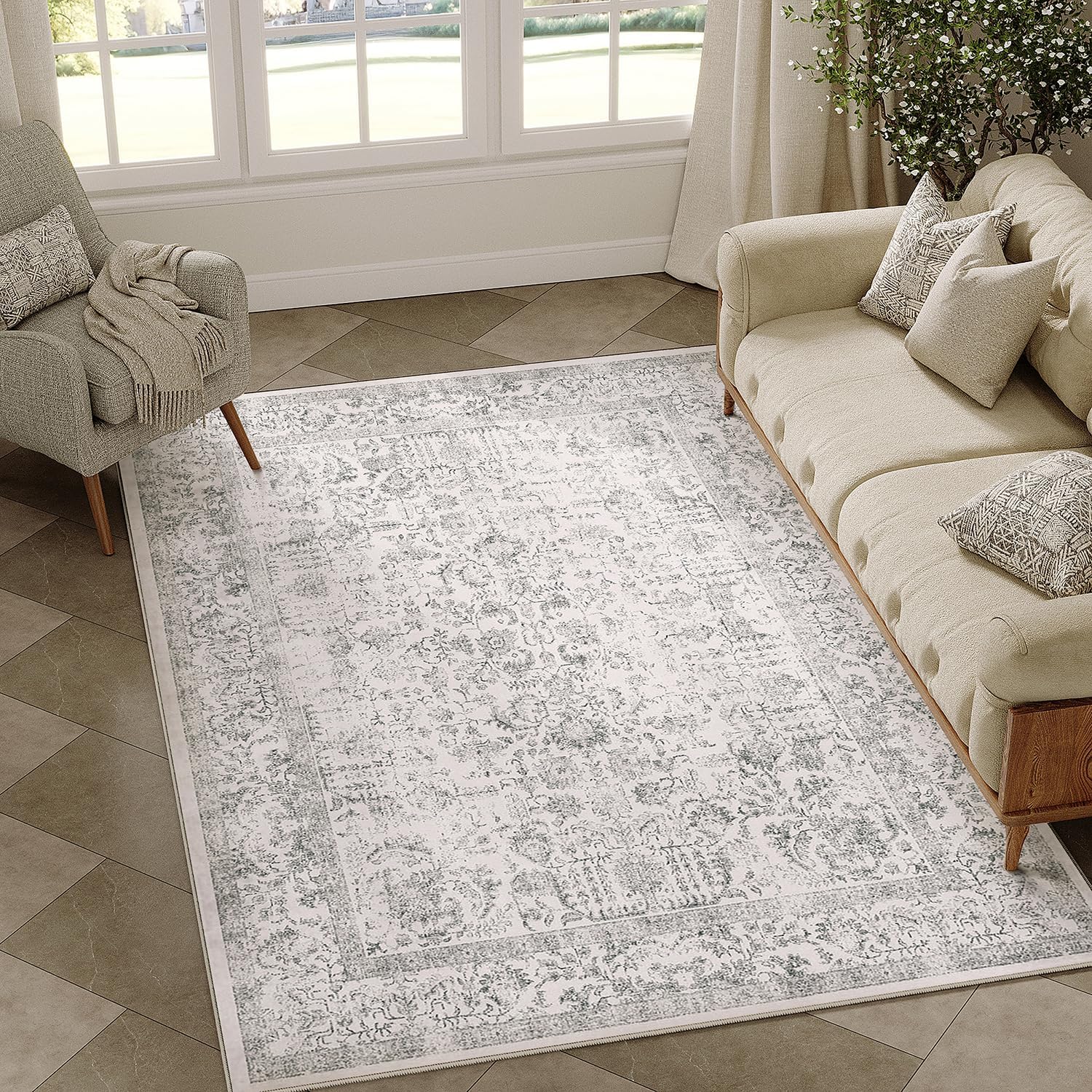 Gray Area Rug 4x6 Vintage Distressed Non Slip Carpet for Home