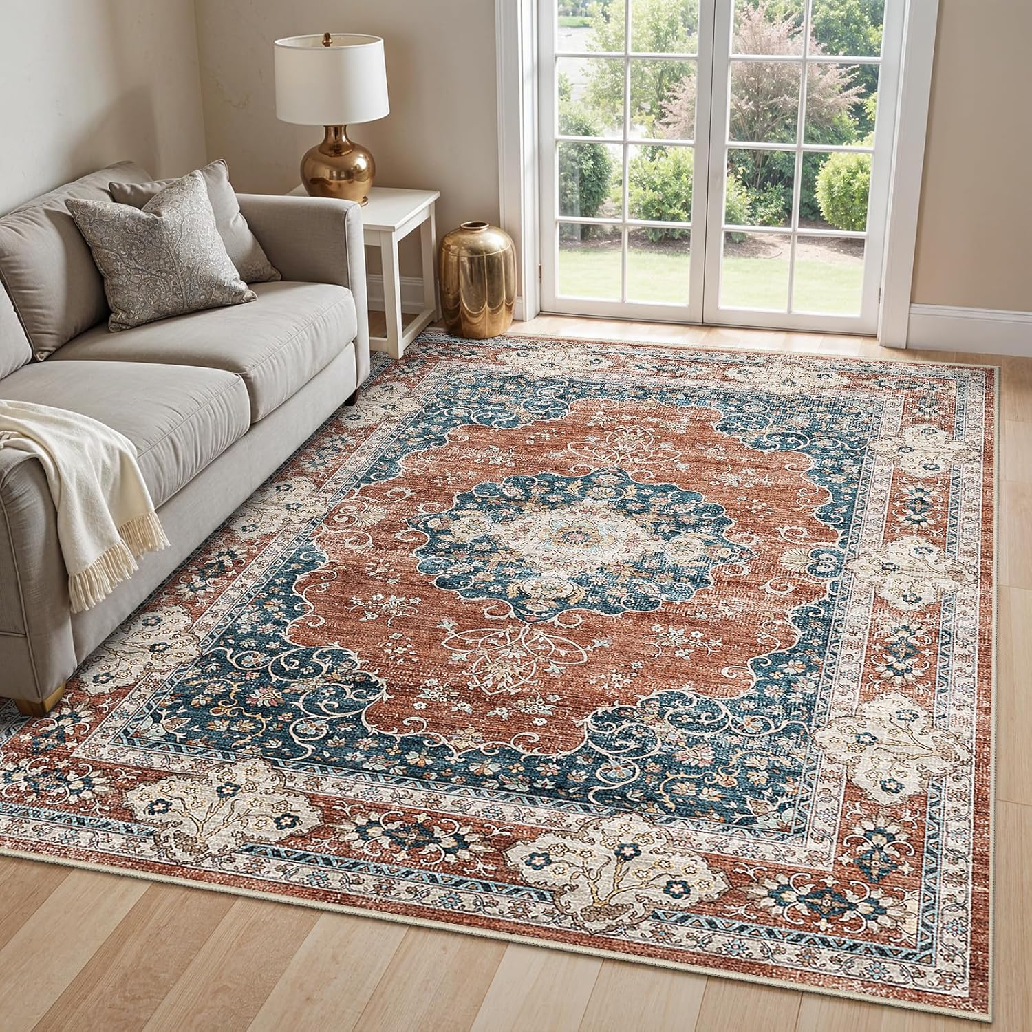 Washable 5x7 Area Rug - Vintage Oriental Carpet for Home Decor