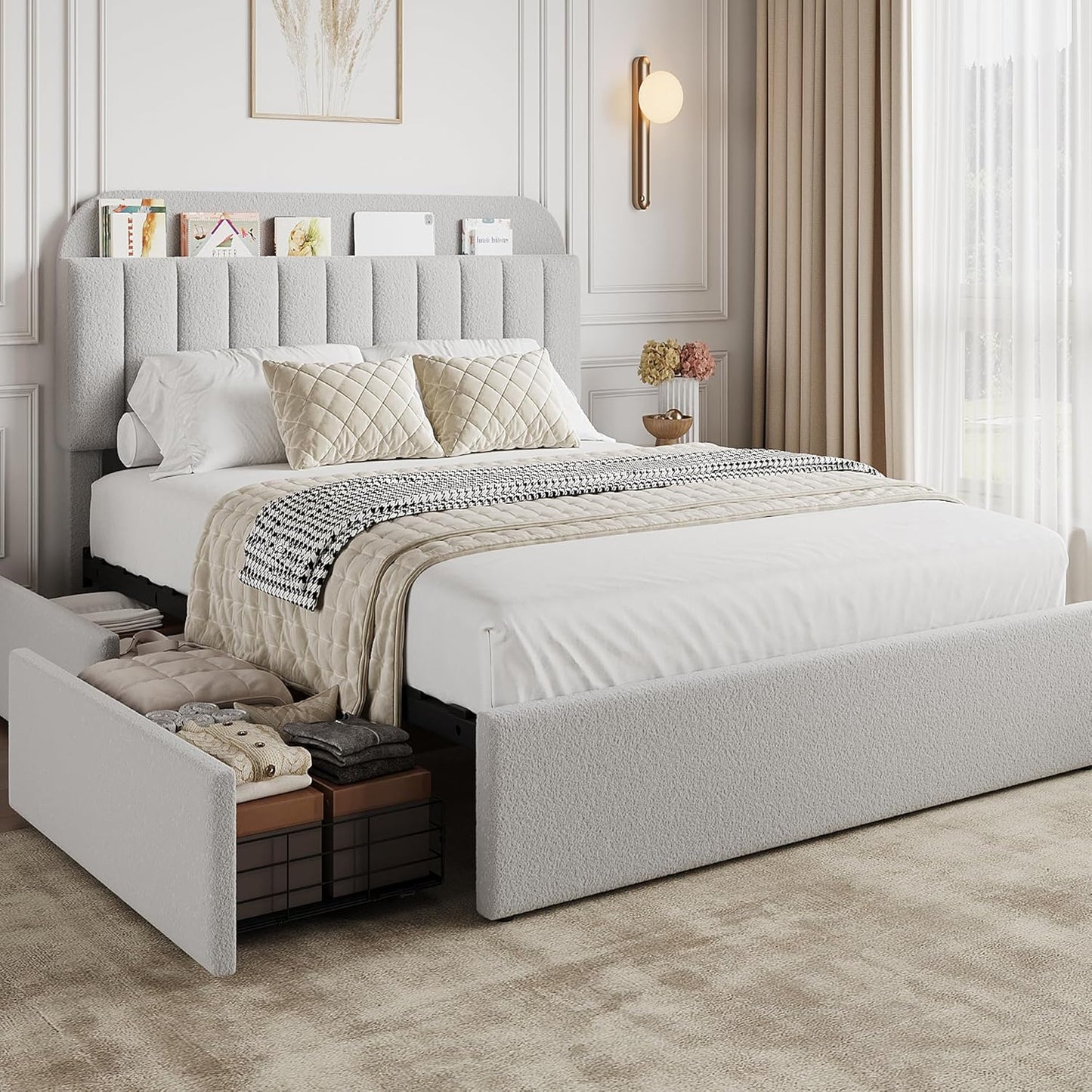 GarveeHome Queen Bed Frame with Storage Headboard and Drawers