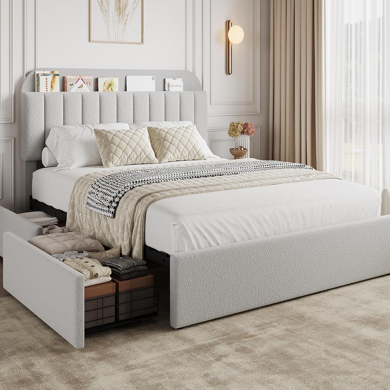 GarveeHome Queen Bed Frame with Storage Headboard and Drawers