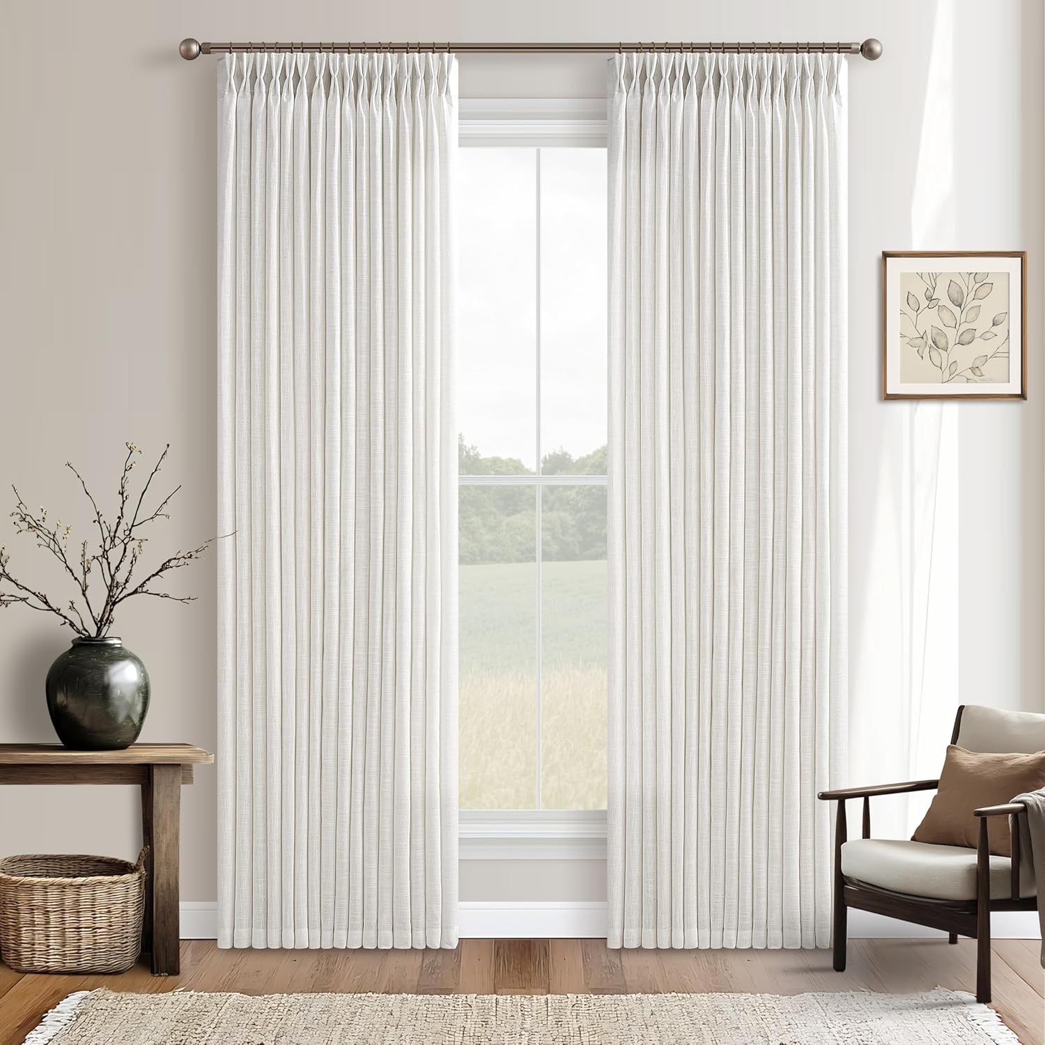 Beige White Pinch Pleated Linen Curtains for Living Room 50x98