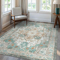 8x10 Area Rug Machine Washable Cyan Vintage Low Pile - Soft & Non-Slip