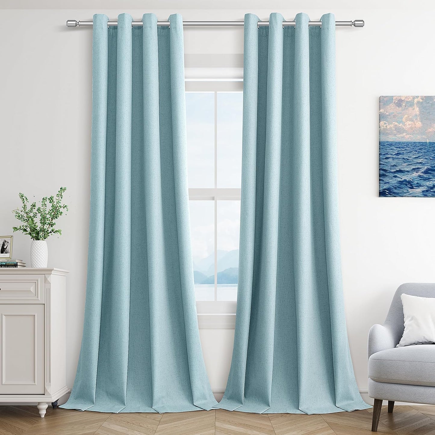 Light Blue Linen Blackout Curtains for Living Room and Bedroom