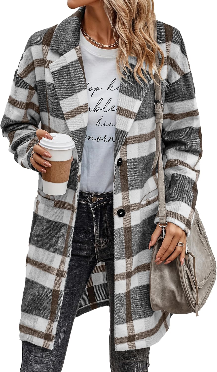 Stylish Plaid Shacket Jacket for Women with Pockets 50ft60