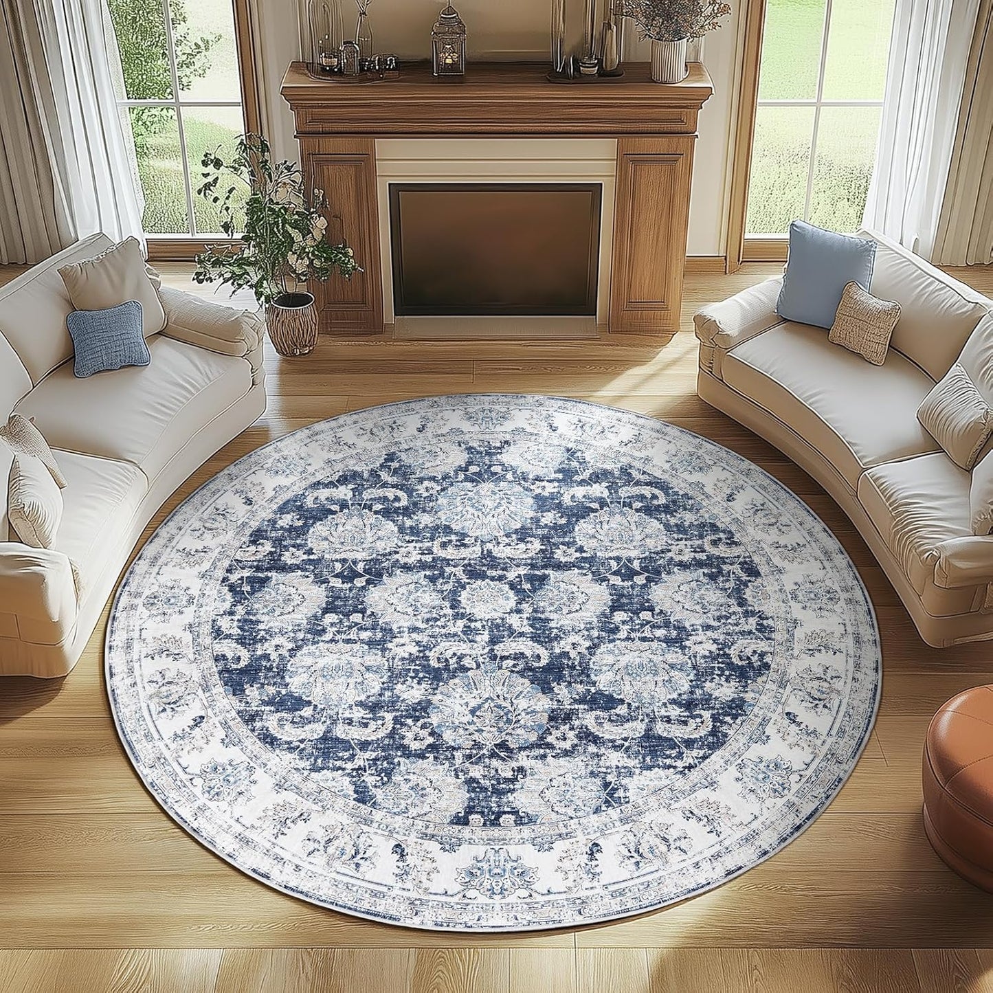 Vintage Floral Round Rug 7ft for Living Room and Dining Room