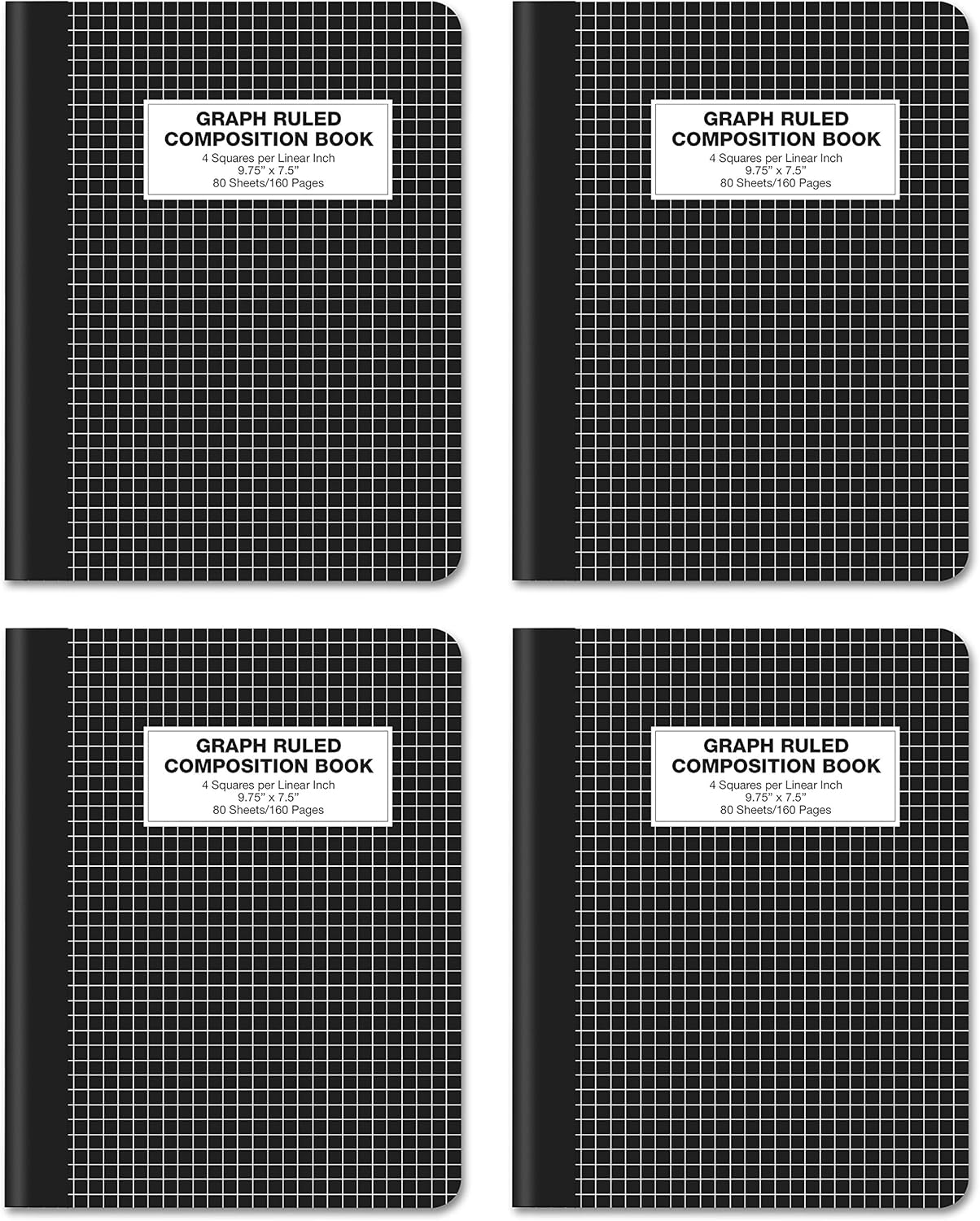 Quad Ruled Notebook 4 Pack - Perfect 4x4 Graph Paper, Hardcover, 80 Sheets
