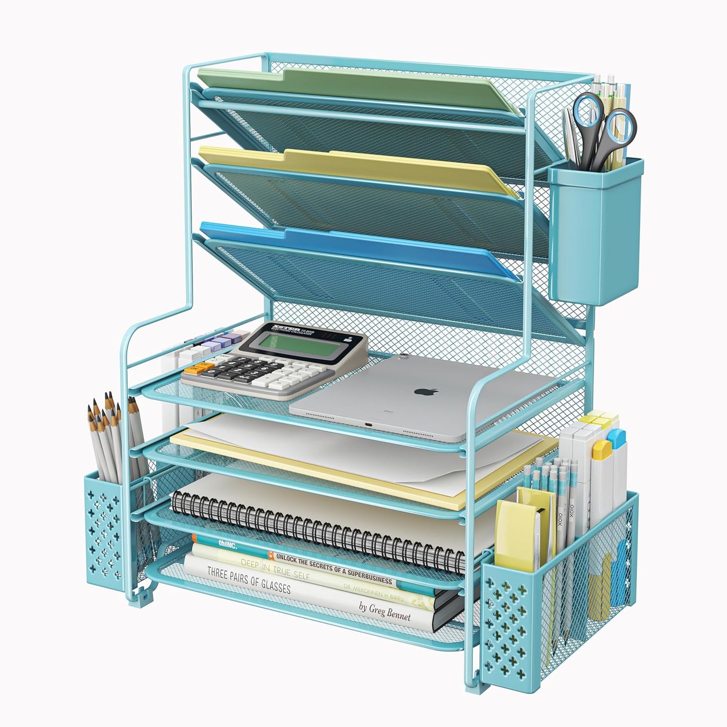7 Tier Desk File Organizer with Pen Holder and Metal Basket