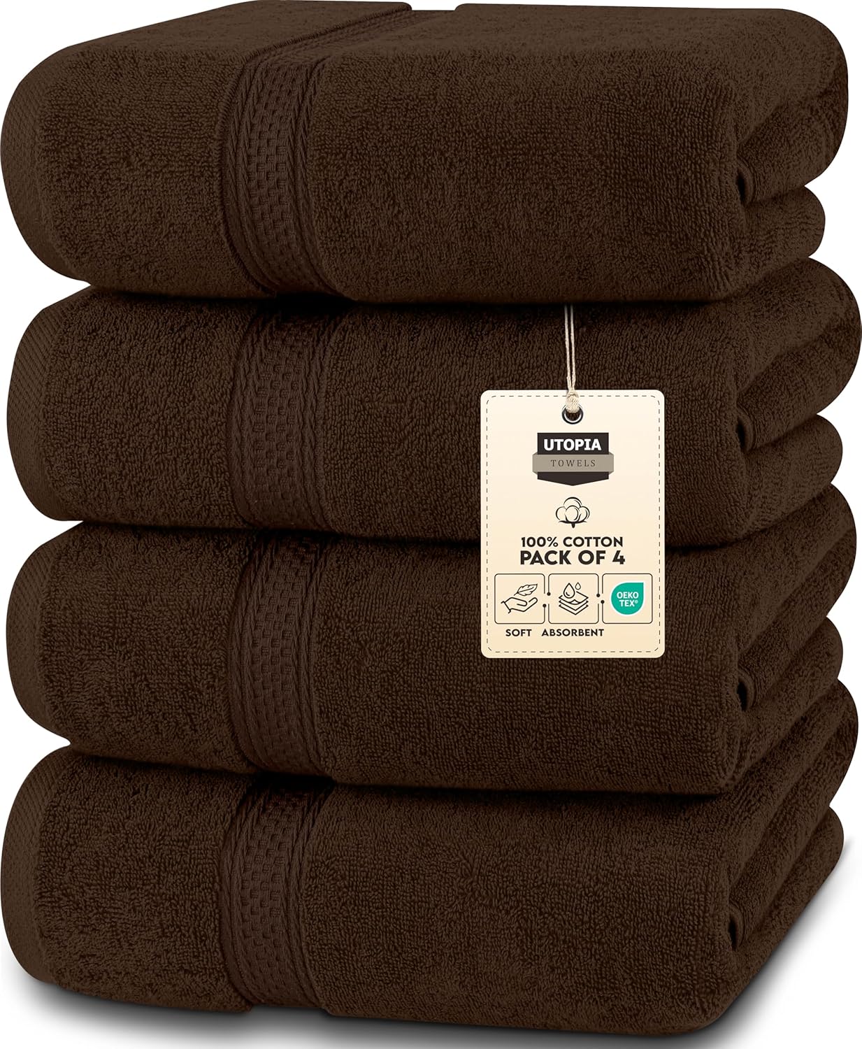 Premium Bath Towels Set of 4, 27 by 54 Inches, Dark Brown