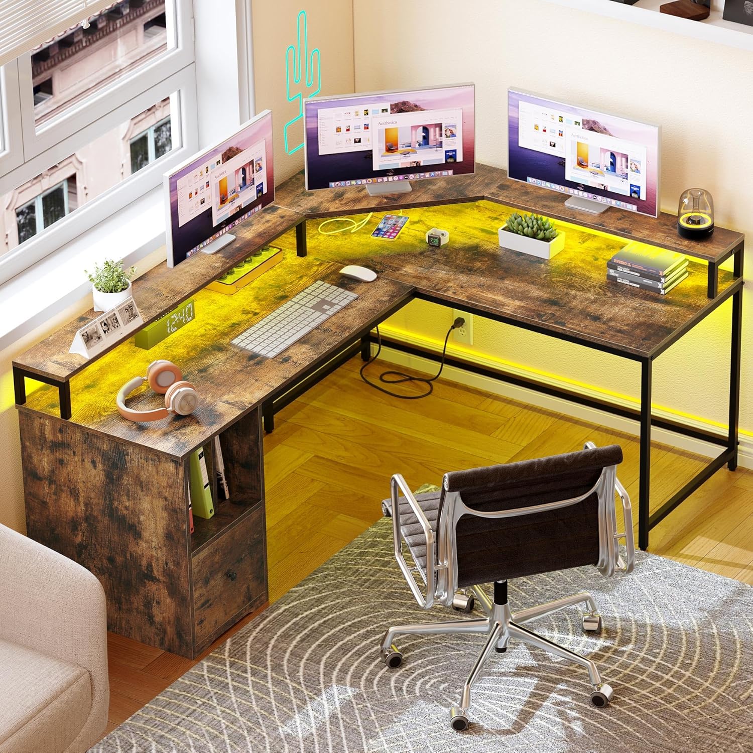 Rustic Brown L-Shaped Desk with Storage & Power Outlets