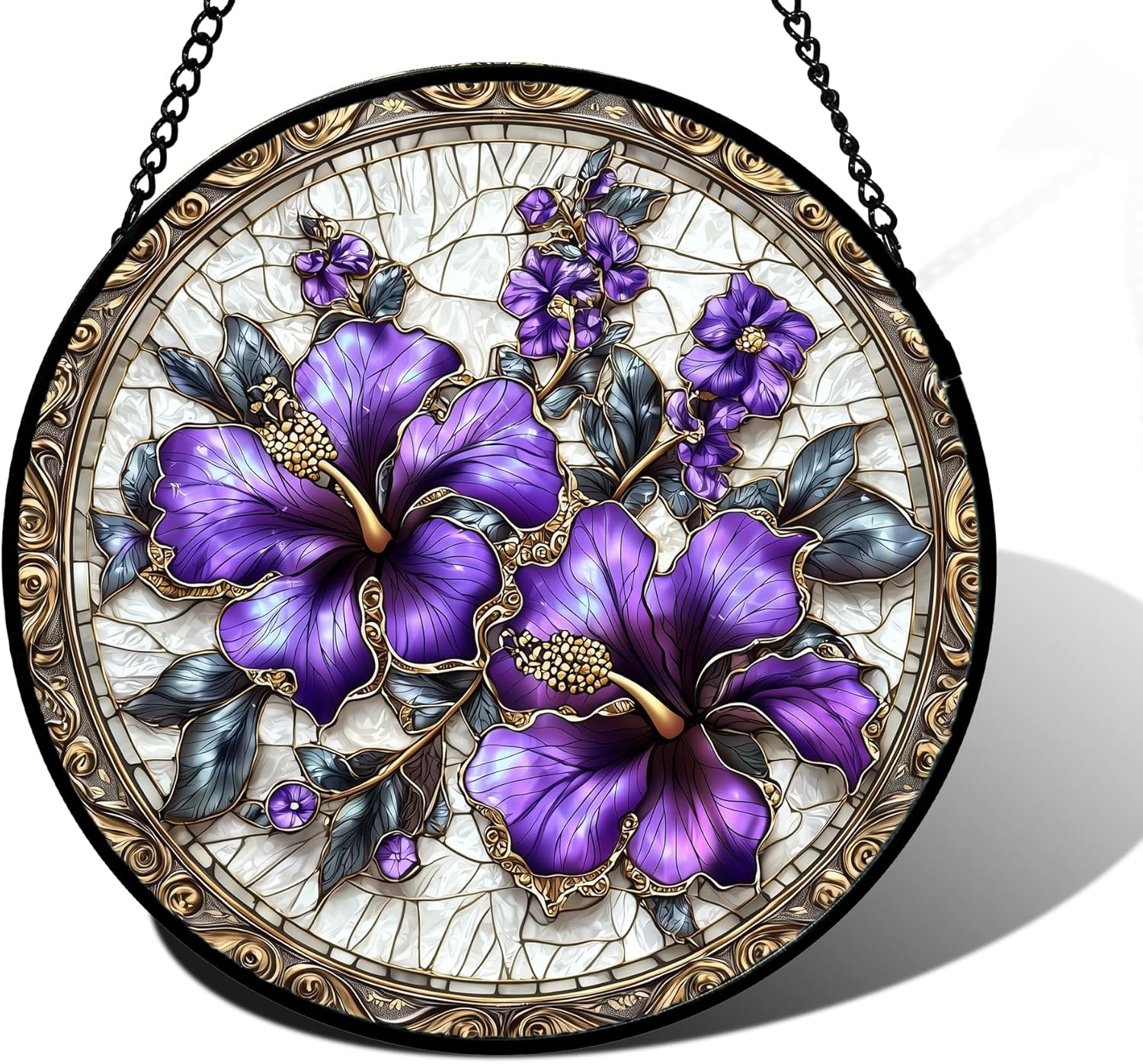 Stained Glass Window Hanging with Purple Flowers for Home Decor