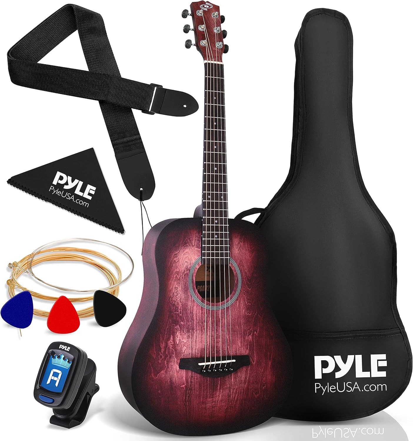 Pyle Acoustic Guitar Kit for Beginners - 34in Crimson Burst
