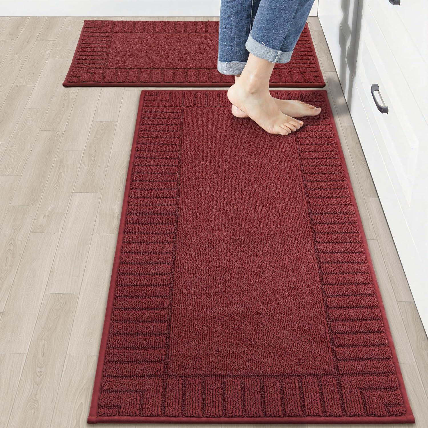 Non Slip Kitchen Mats for Floor - 2PCS Burgundy Red Set