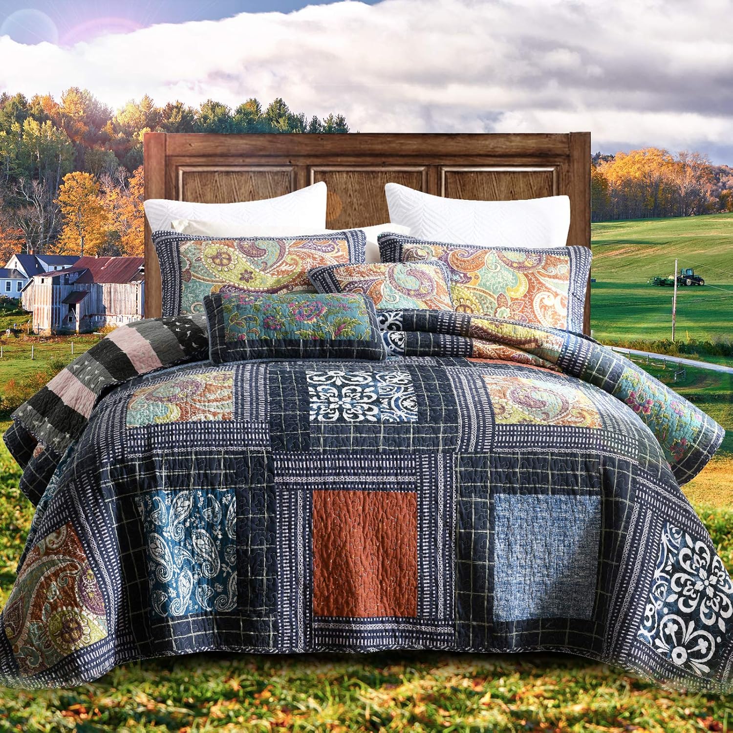 NEWLAKE Cotton Patchwork Bedspread Set for King Size Beds