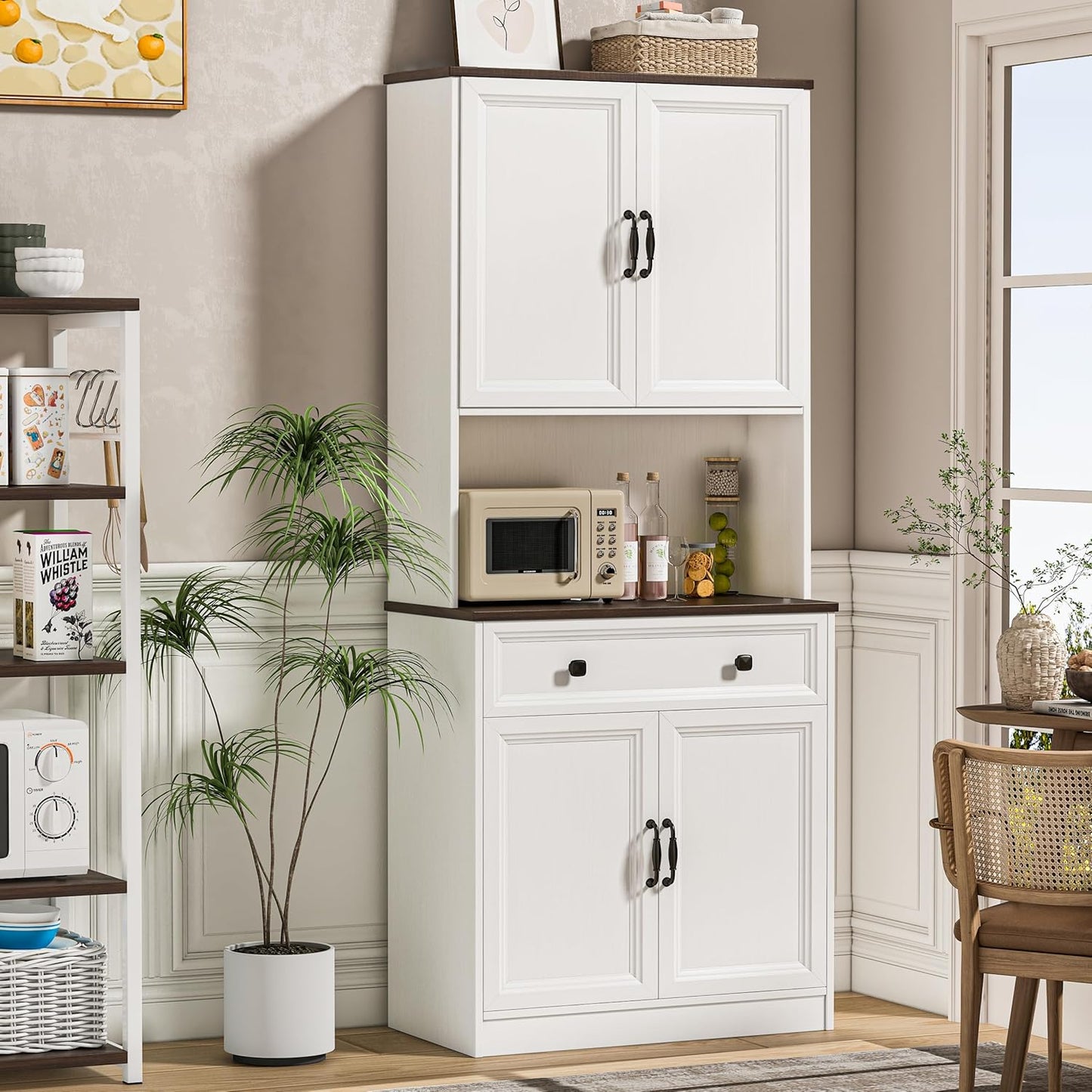 Upgraded 70 Tall Kitchen Pantry Cabinet with Microwave Shelf