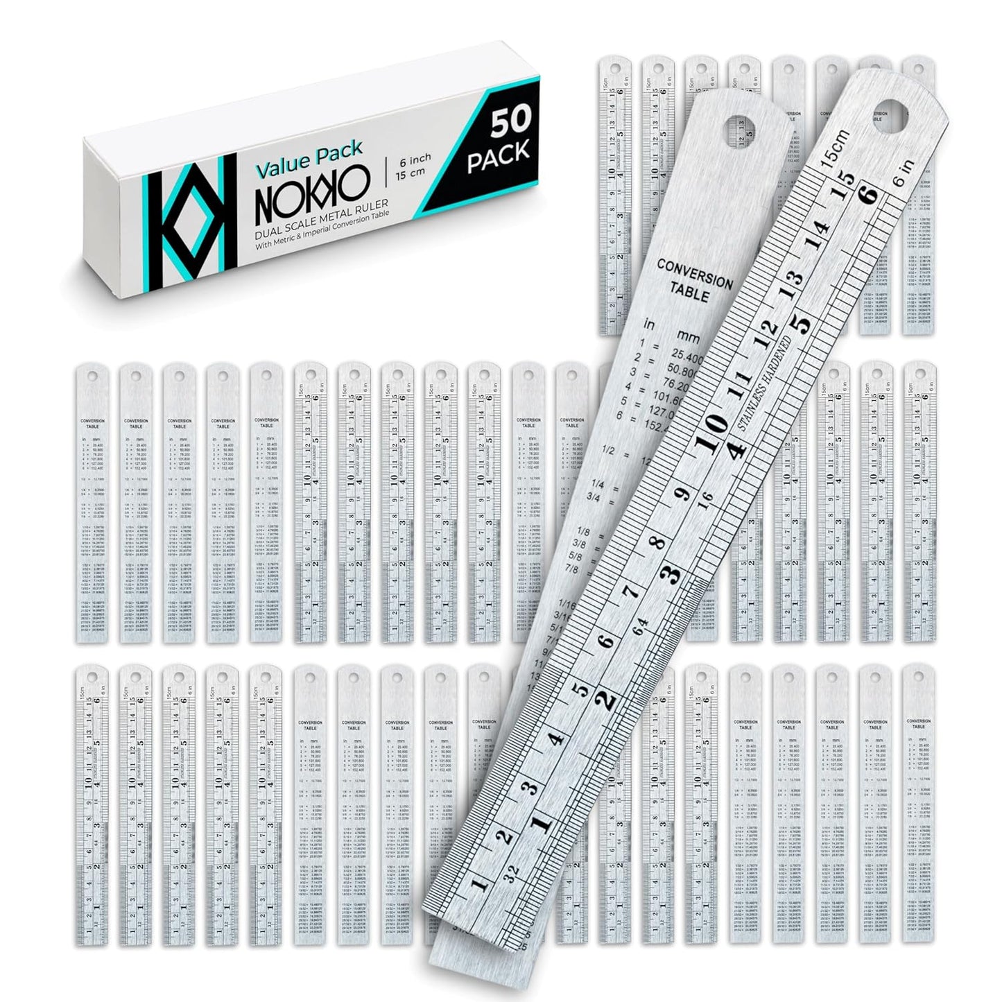 6 Inch Metal Ruler Bulk Set - 50-Pack of Compact Rulers