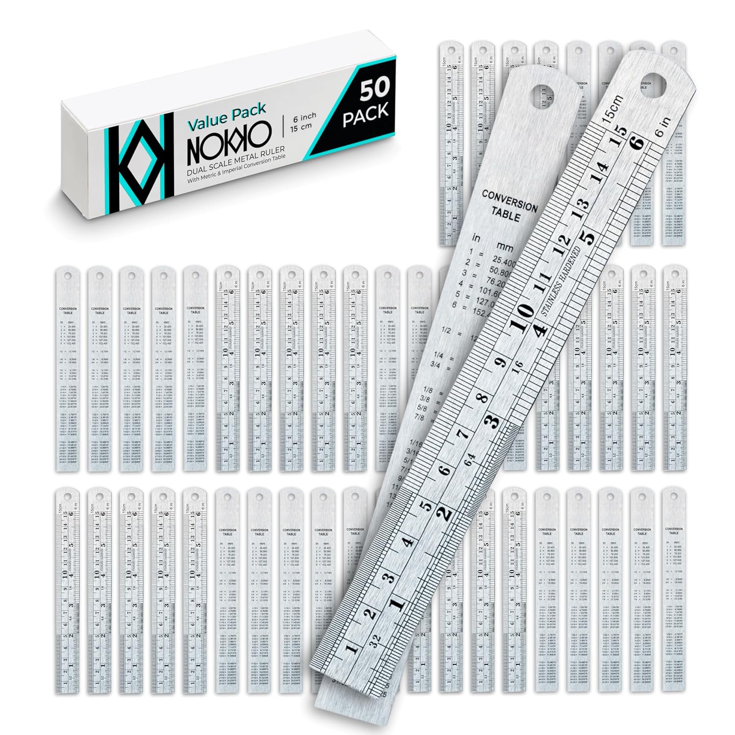 6 Inch Metal Ruler Bulk Set - 50-Pack of Compact Rulers