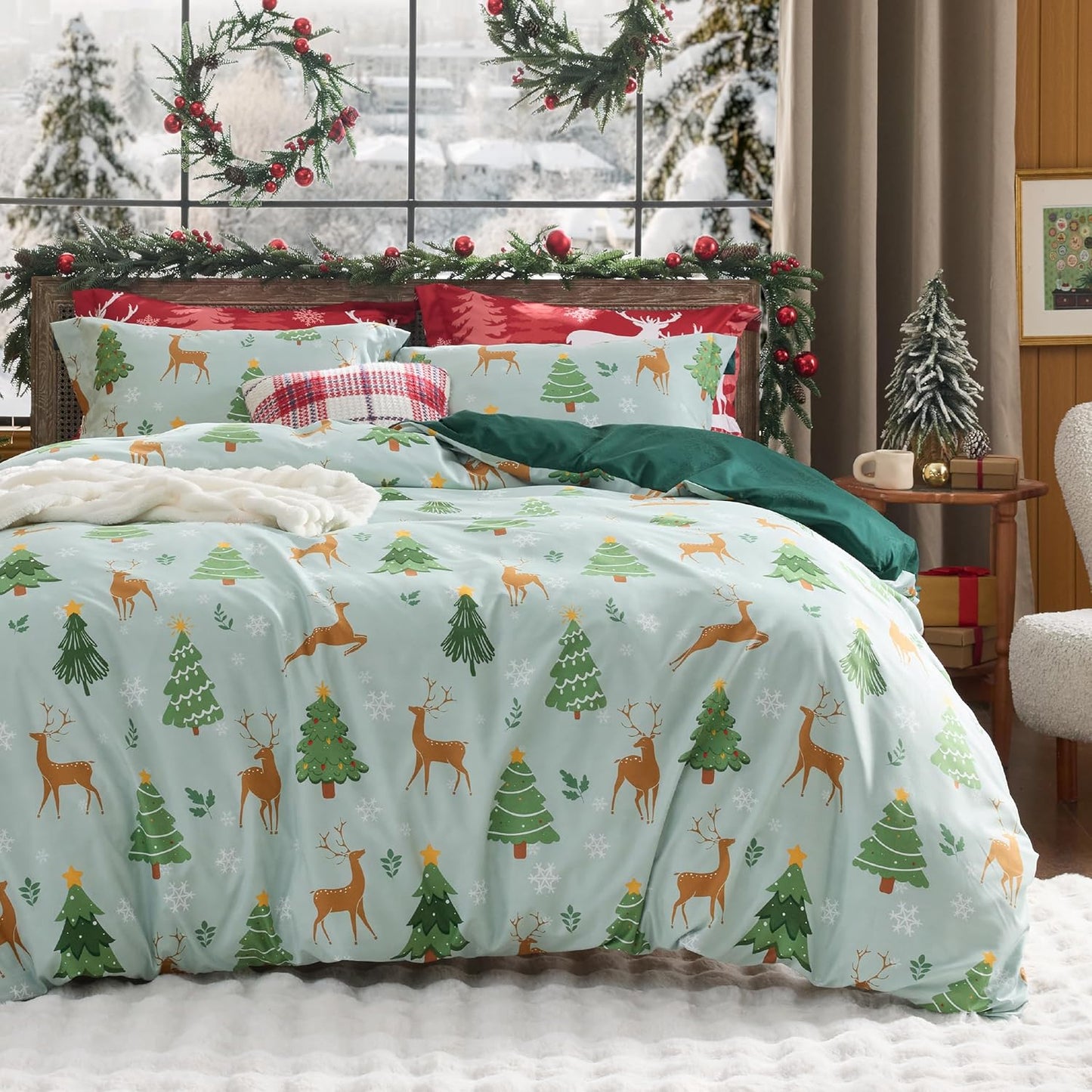 Christmas Duvet Cover Queen Set with Tree and Reindeer Design