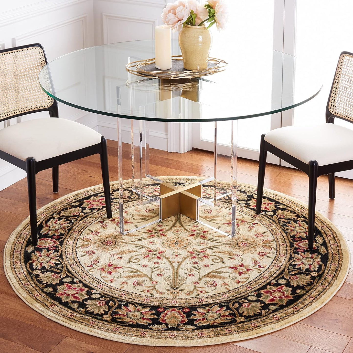 Lyndhurst Collection Area Rug - 5ft3 Round, Ivory & Black Design