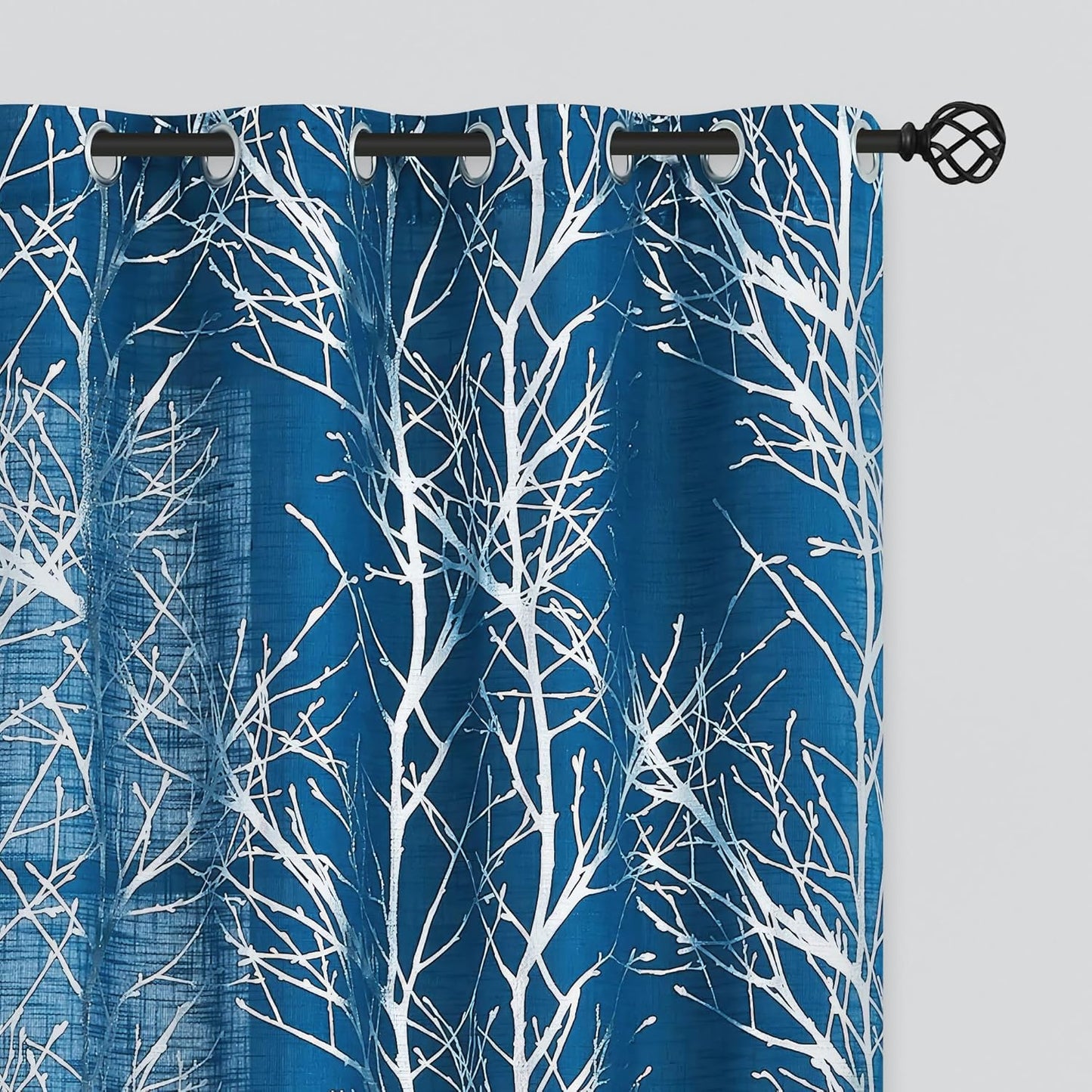 FMFUNCTEX Linen Semi Sheer Curtains with Navy Blue Tree Design