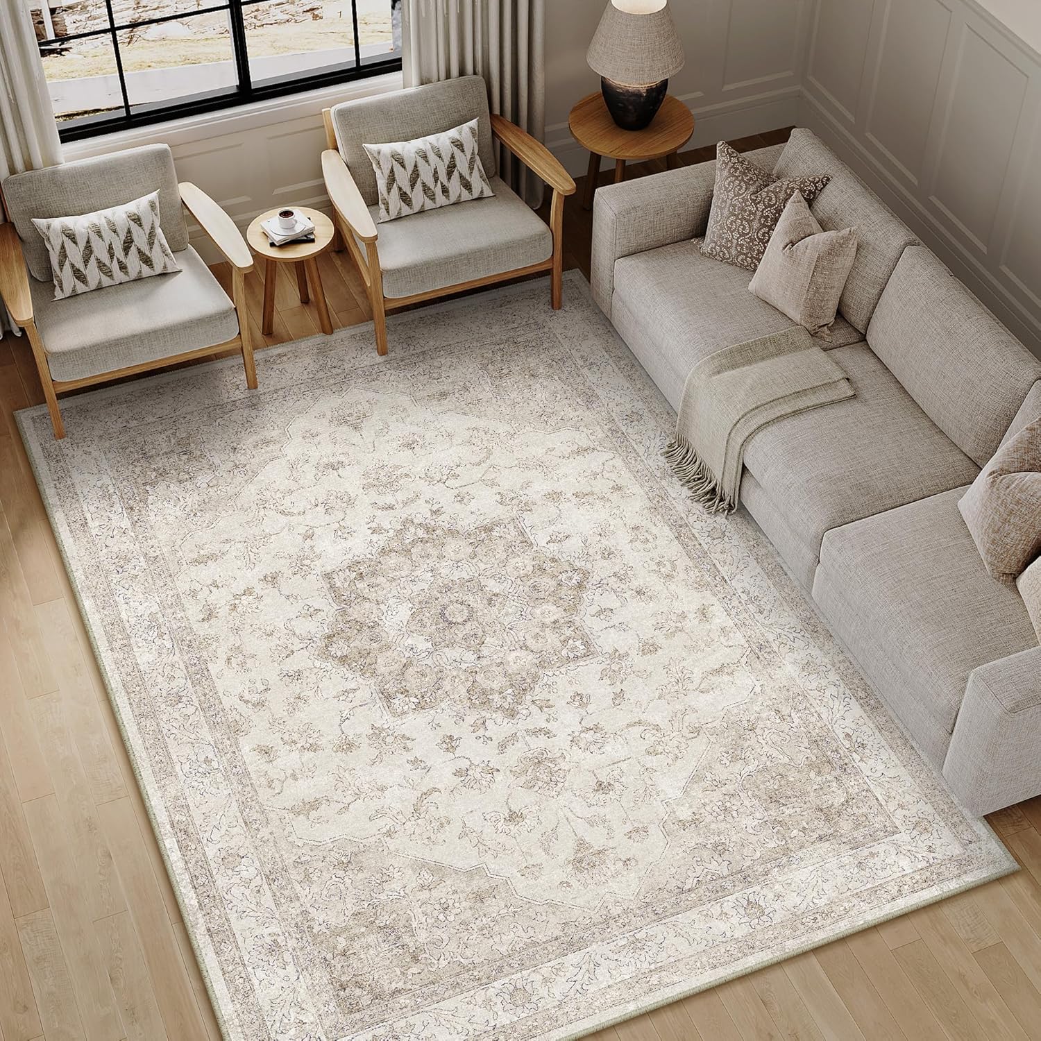 Beige Area Rug 5x7 Washable Vintage Carpet for Living Room