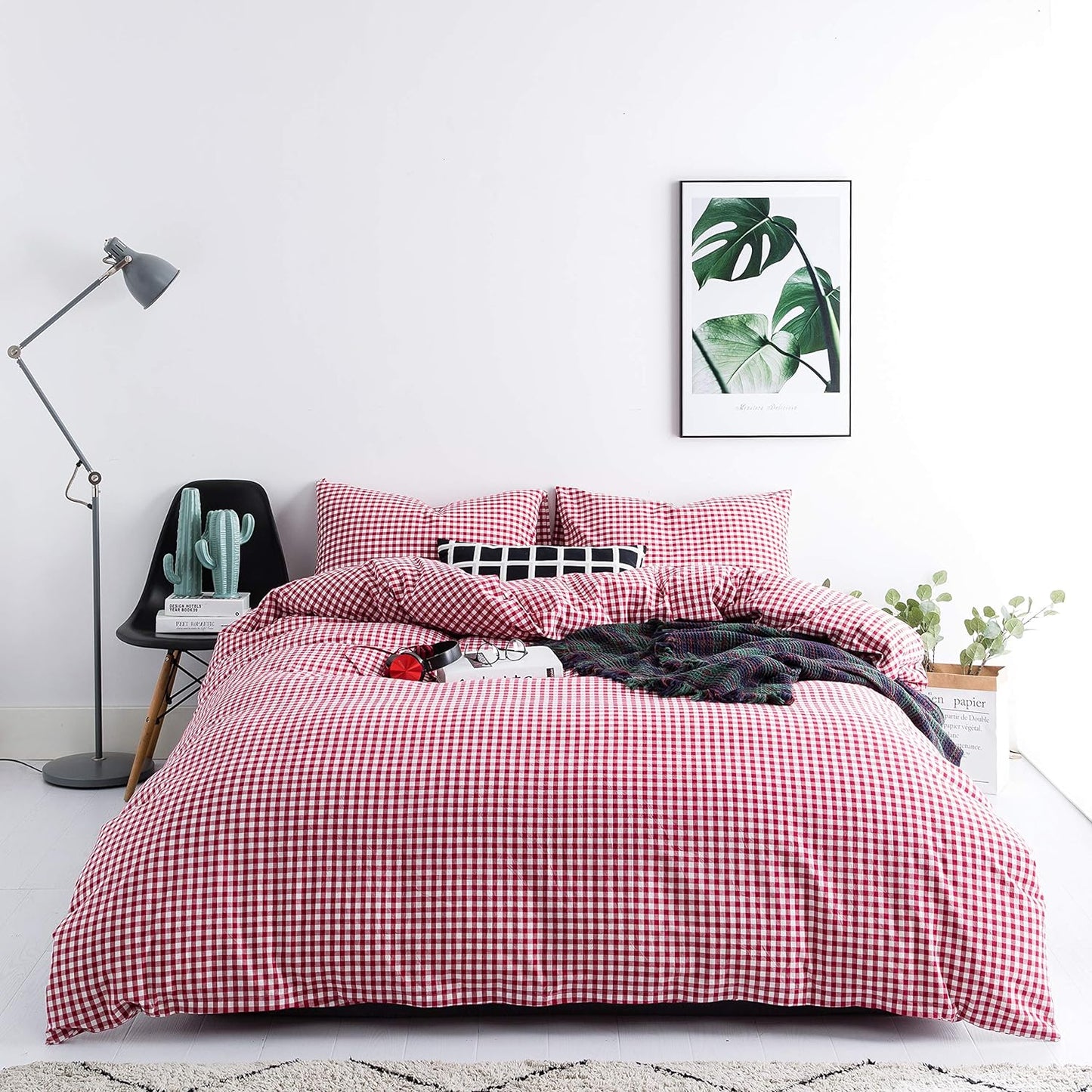 Red Gingham Duvet Cover King Size Set for Cozy Farmhouse Style