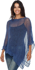 Womens Sheer Knit Poncho Shrug in Deep Sea - Lightweight Ruffle Cover