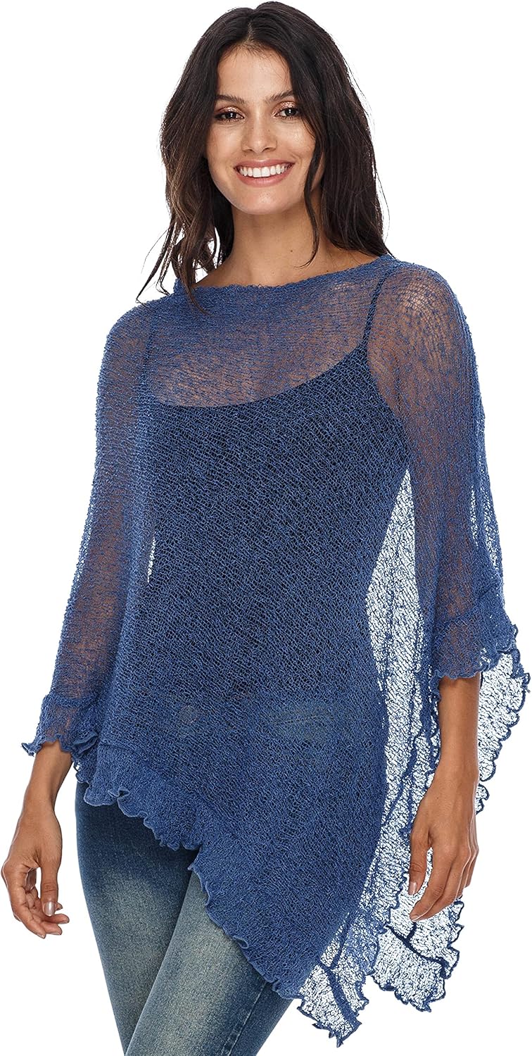 Lightweight Knit Ruffle Pullover Poncho Top for Women