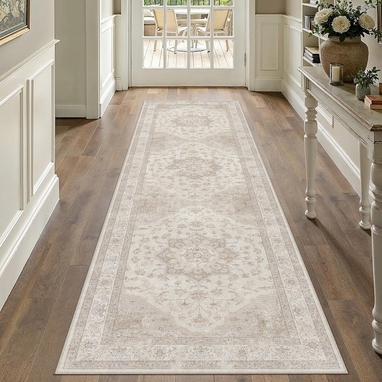 Beige Runner Rug 2ft 6inx14ft Vintage Carpet for Hallway Kitchen