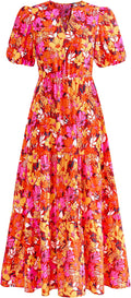 Womens Puff Sleeve V Neck Floral Maxi Dress with Pockets - 2025