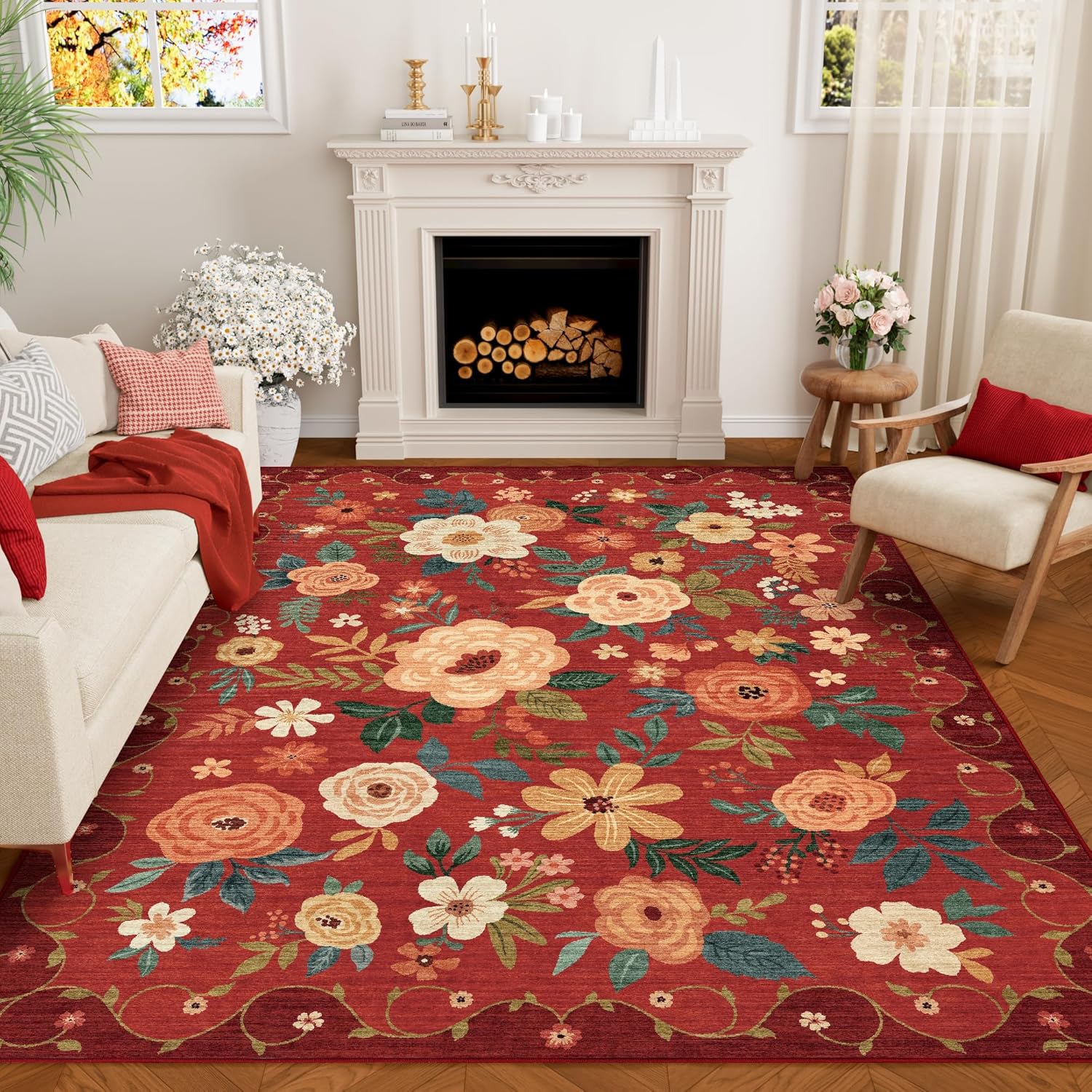 DUKINO 5x7 Area Rug - Lightweight Non Slip Floral Design