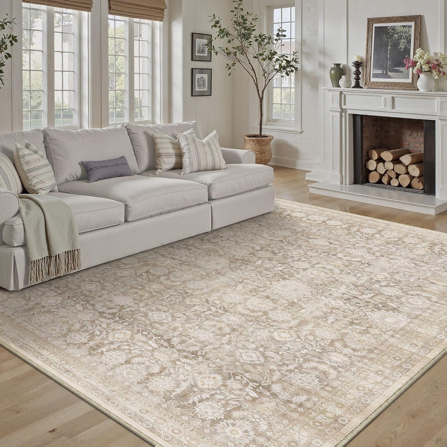 6x9 Beige Washable Area Rug for Living Room and Bedroom