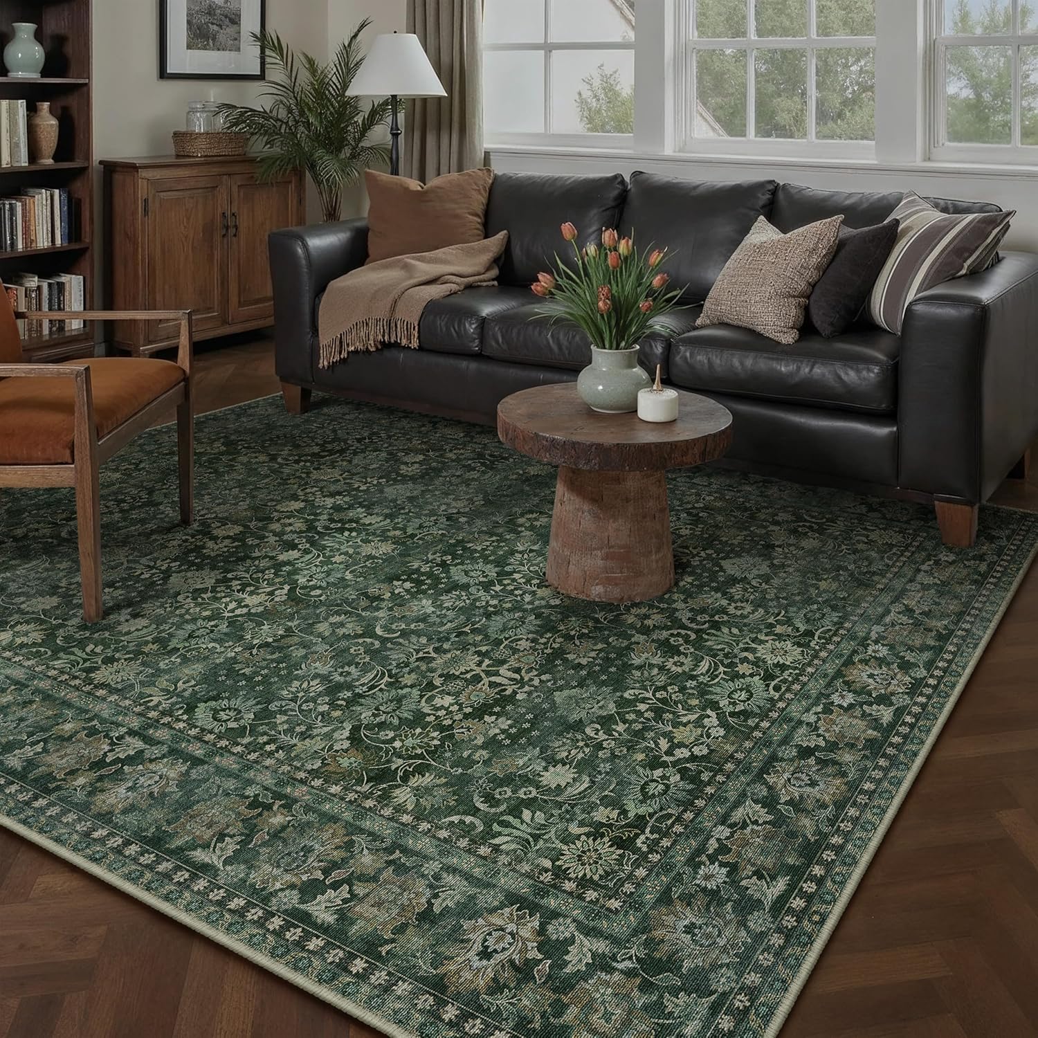 HUGEAR 5x7 Machine Washable Dark Green Floral Area Rug
