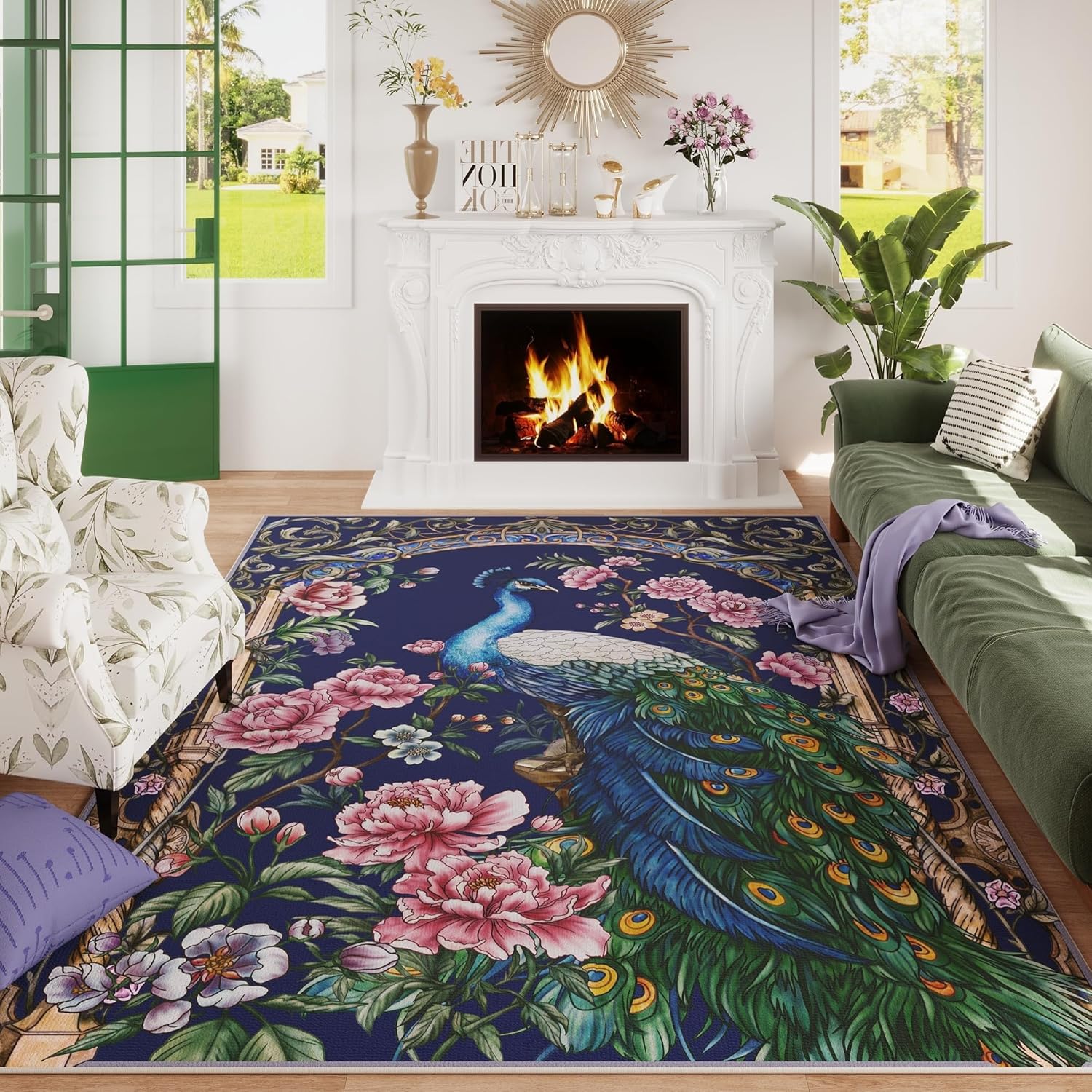 Vowkten Living Room Rug 5x7 Machine Washable Peacock Design