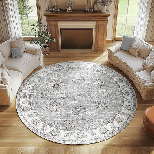 Vintage Floral Distressed Round Rug for Living Room & Dining