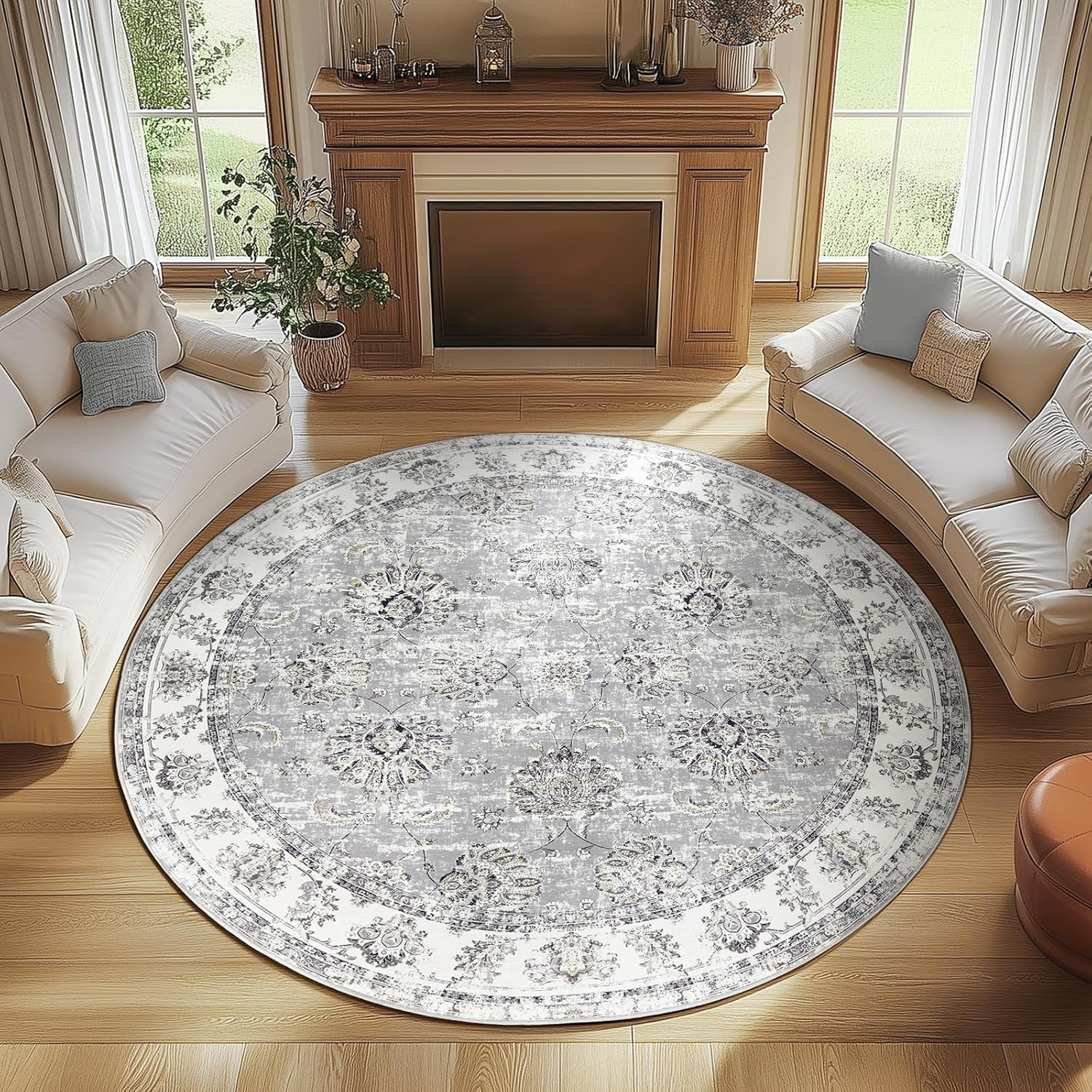 Vintage Floral Distressed Round Rug 7ft for Living Room