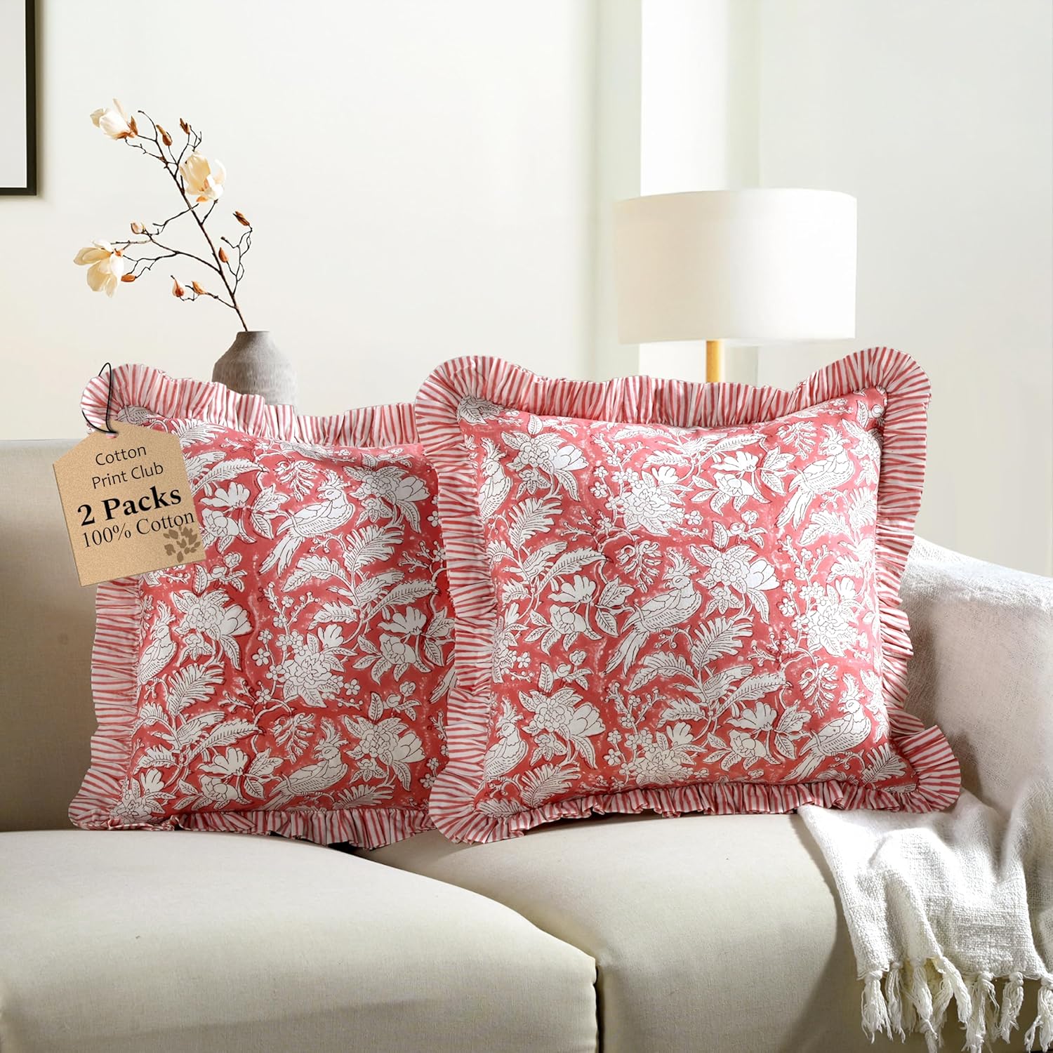 CPC Coral Pink 100% Cotton Block Print Ruffle Pillow Cover