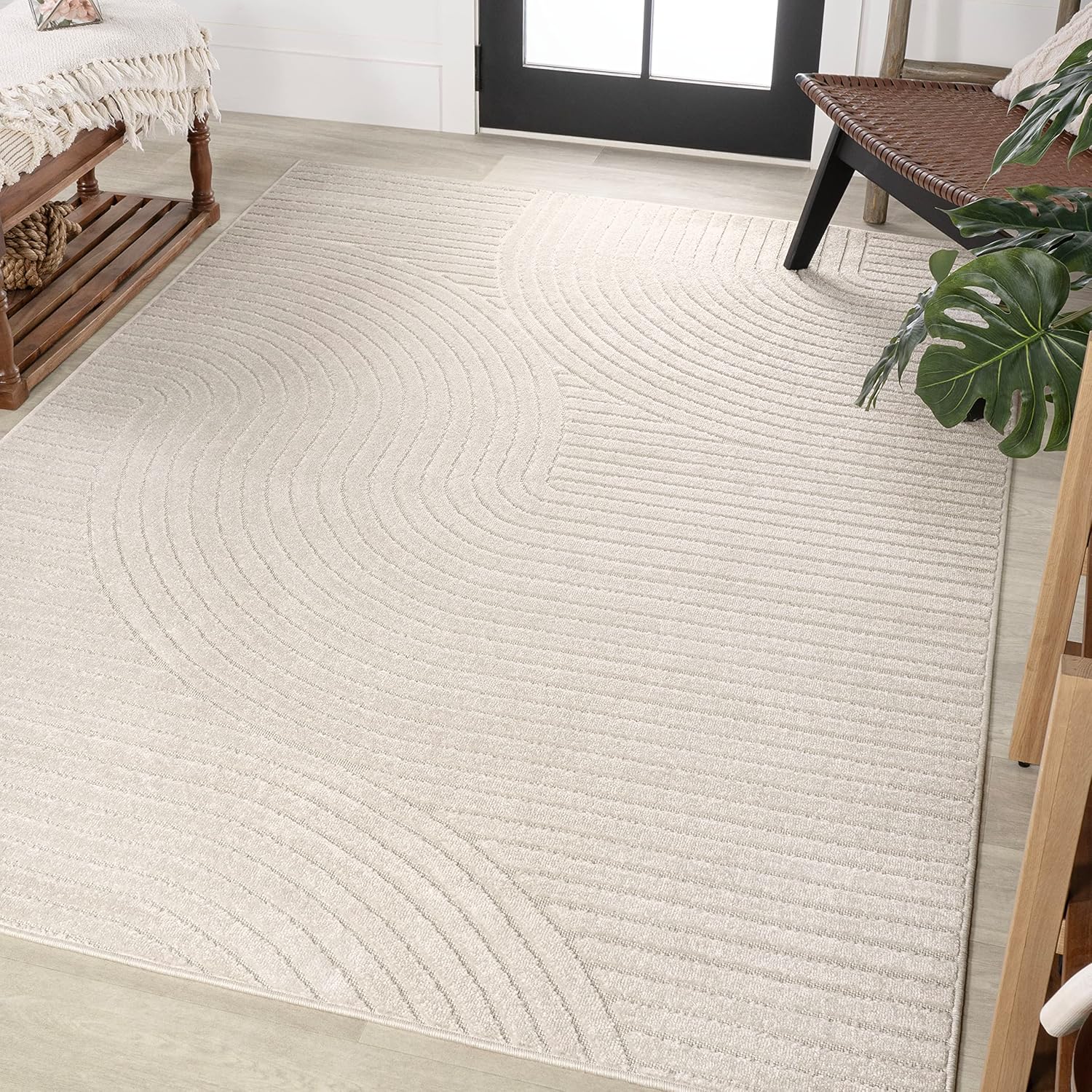 Hallie High-Low Curve Ivory/Cream Area Rug for Indoor/Outdoor Use
