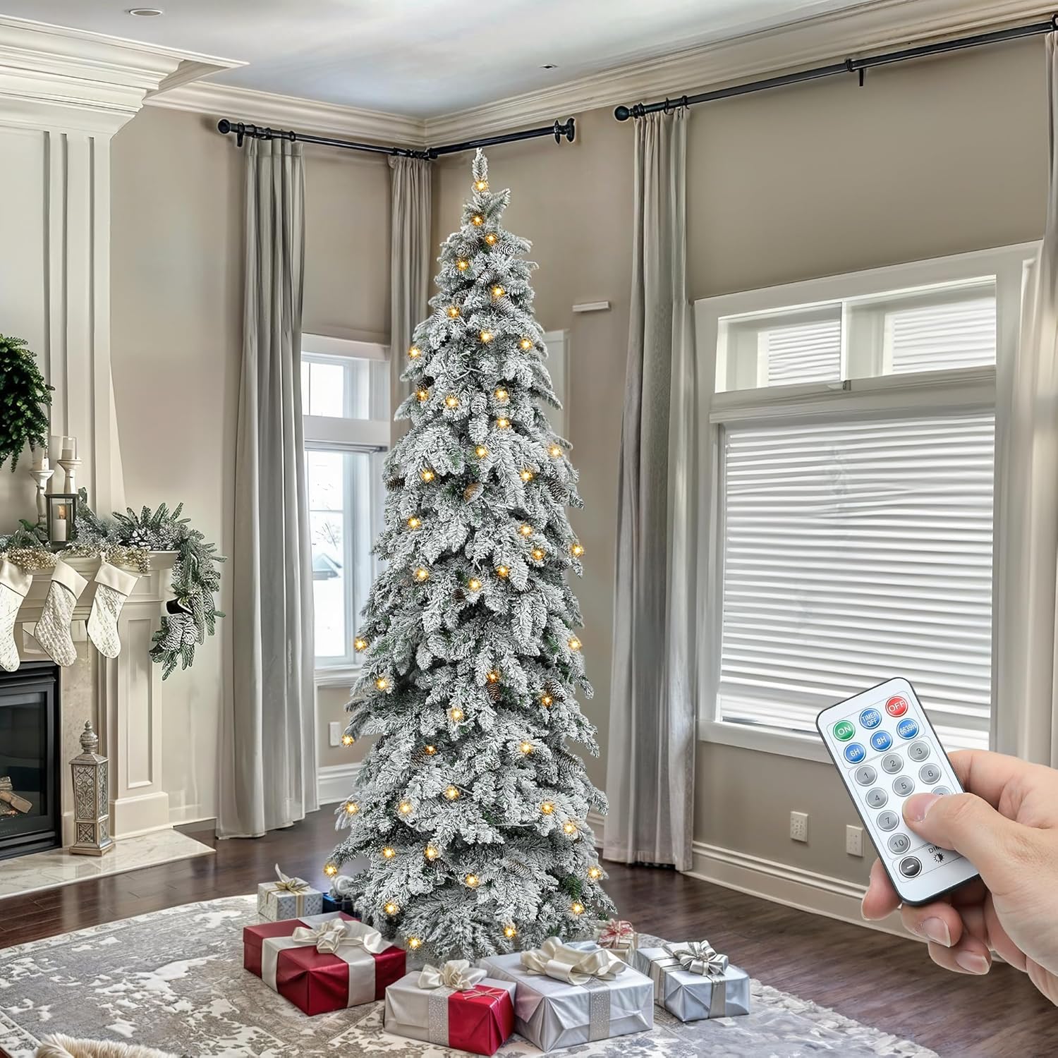 YITAHOME 7.5ft Pre-Lit Flocked Pencil Spruce Christmas Tree