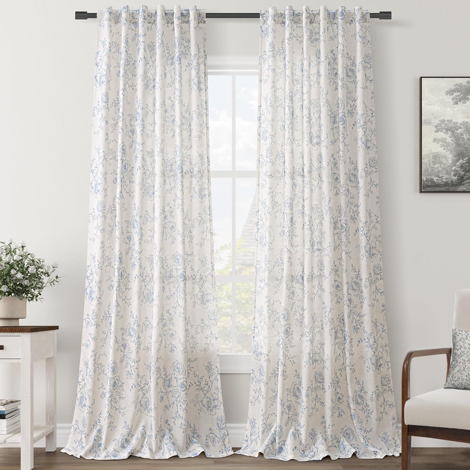 Blue Floral Curtains for Living Room Light Filtering Decor
