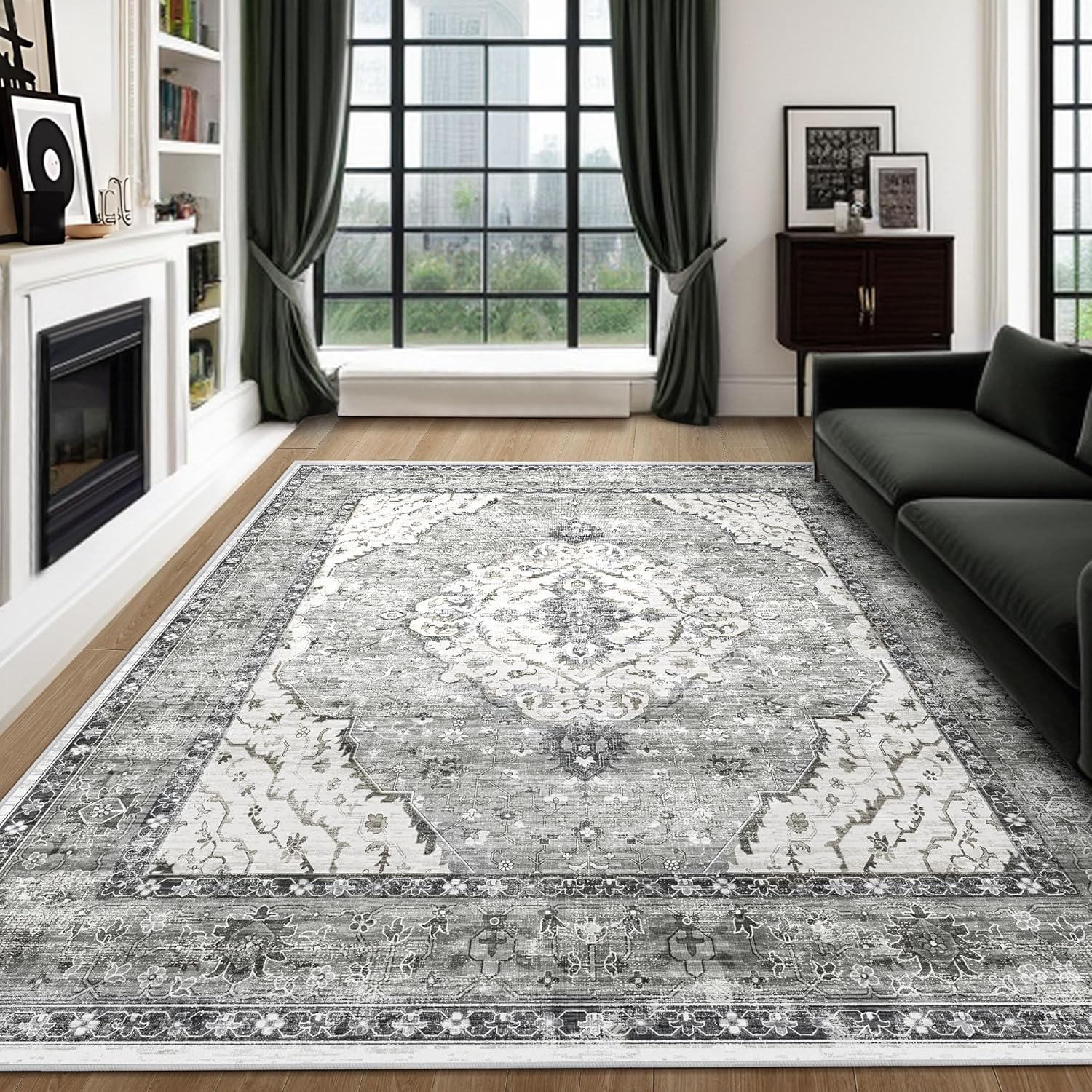 Boho Grey Area Rug 9x12 for Living Room and Bedroom Decor