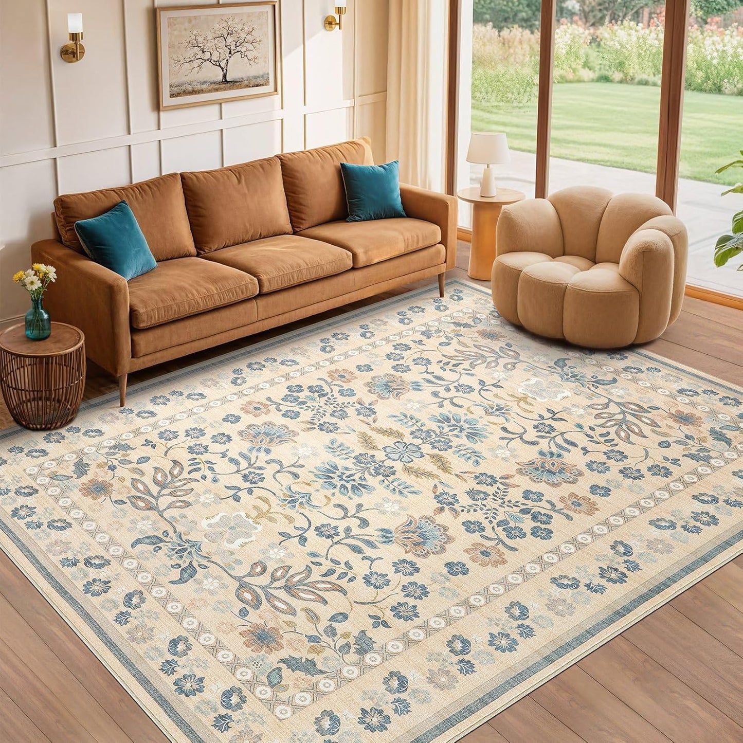 8x10 Area Rug - Washable Boho Vintage Floral Soft Carpet