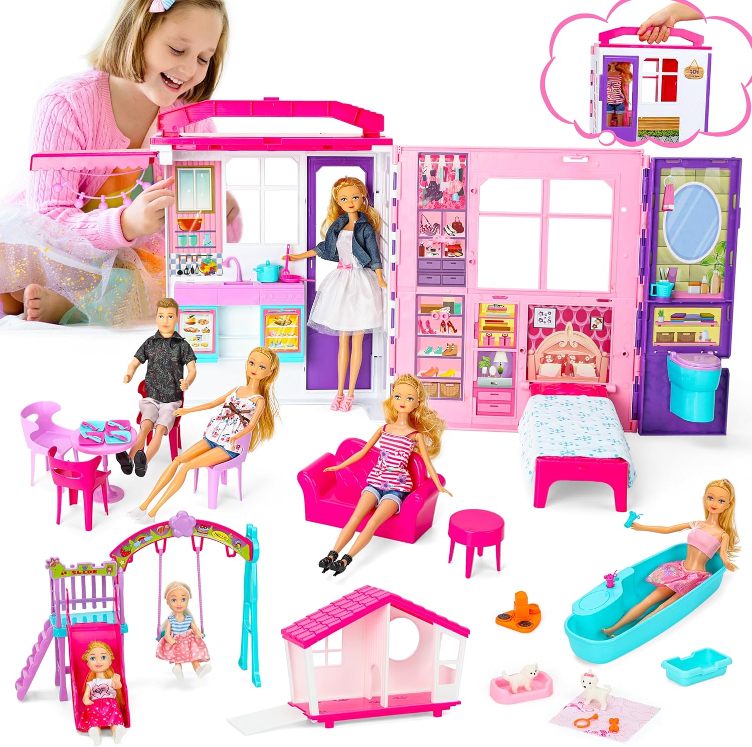Folding Dollhouse Playset - 60+ Pcs, 2 Dolls, Furniture | Birthday Gift