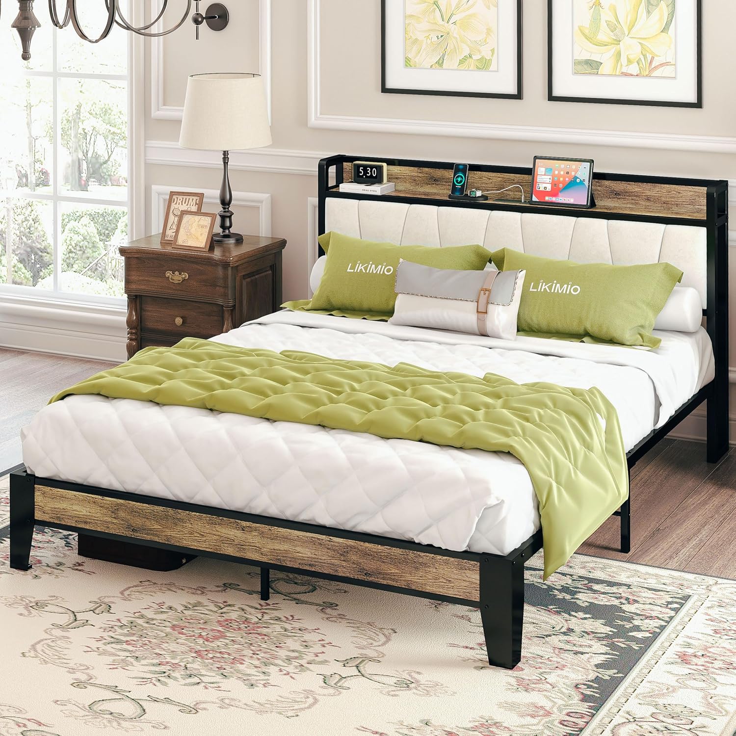 LIKIMIO Full Size Bed Frame with Storage Headboard and Charging