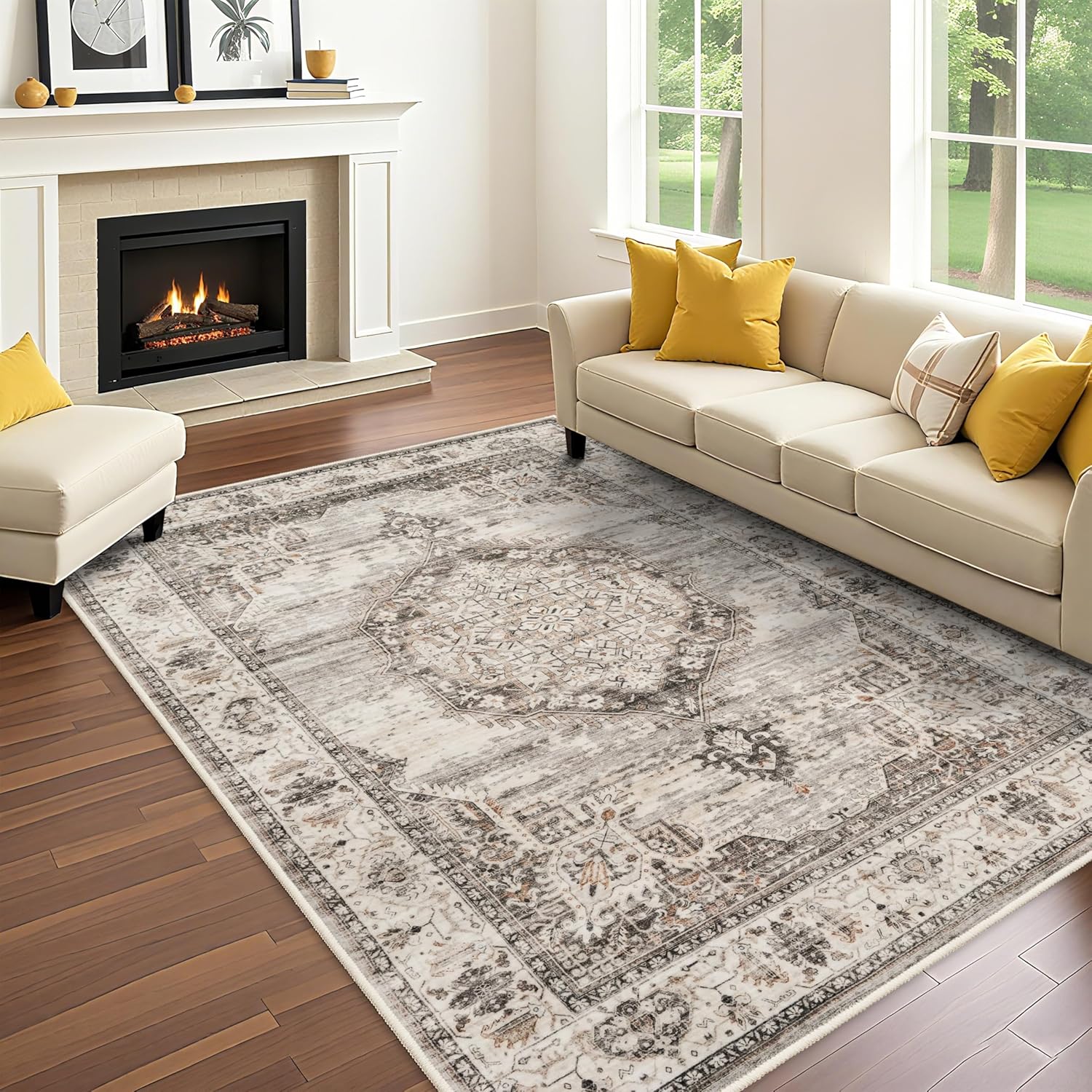 Washable 7x9 Area Rug: Soft Non-Slip Floral Carpet for Home